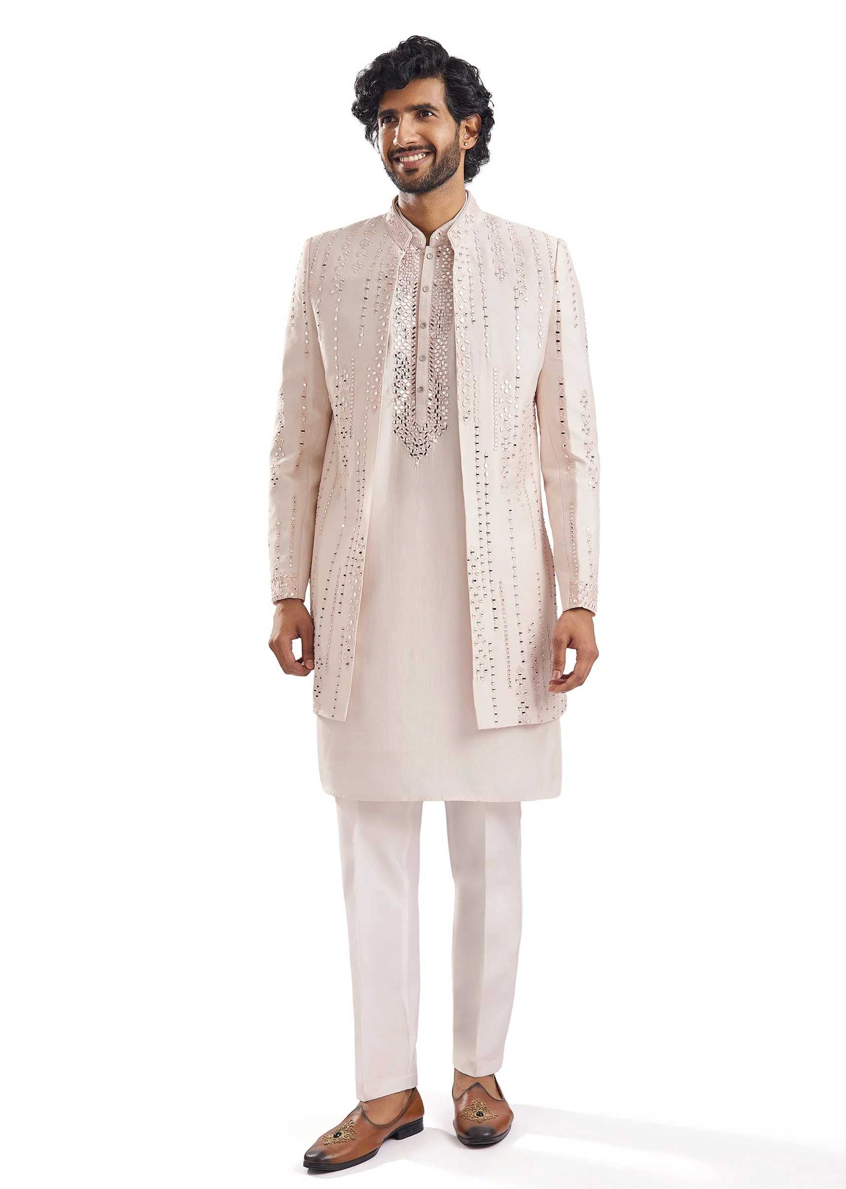 Peach Mirror Work Groomsman Sherwani - Image 3