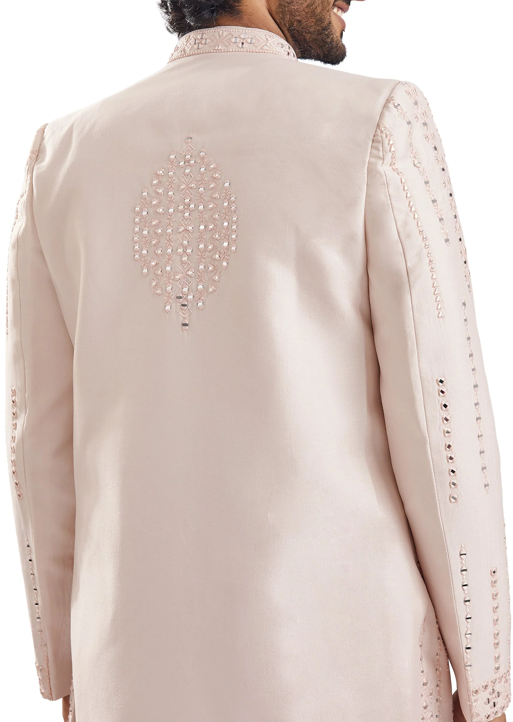 Peach Mirror Work Groomsman Sherwani - Image 4