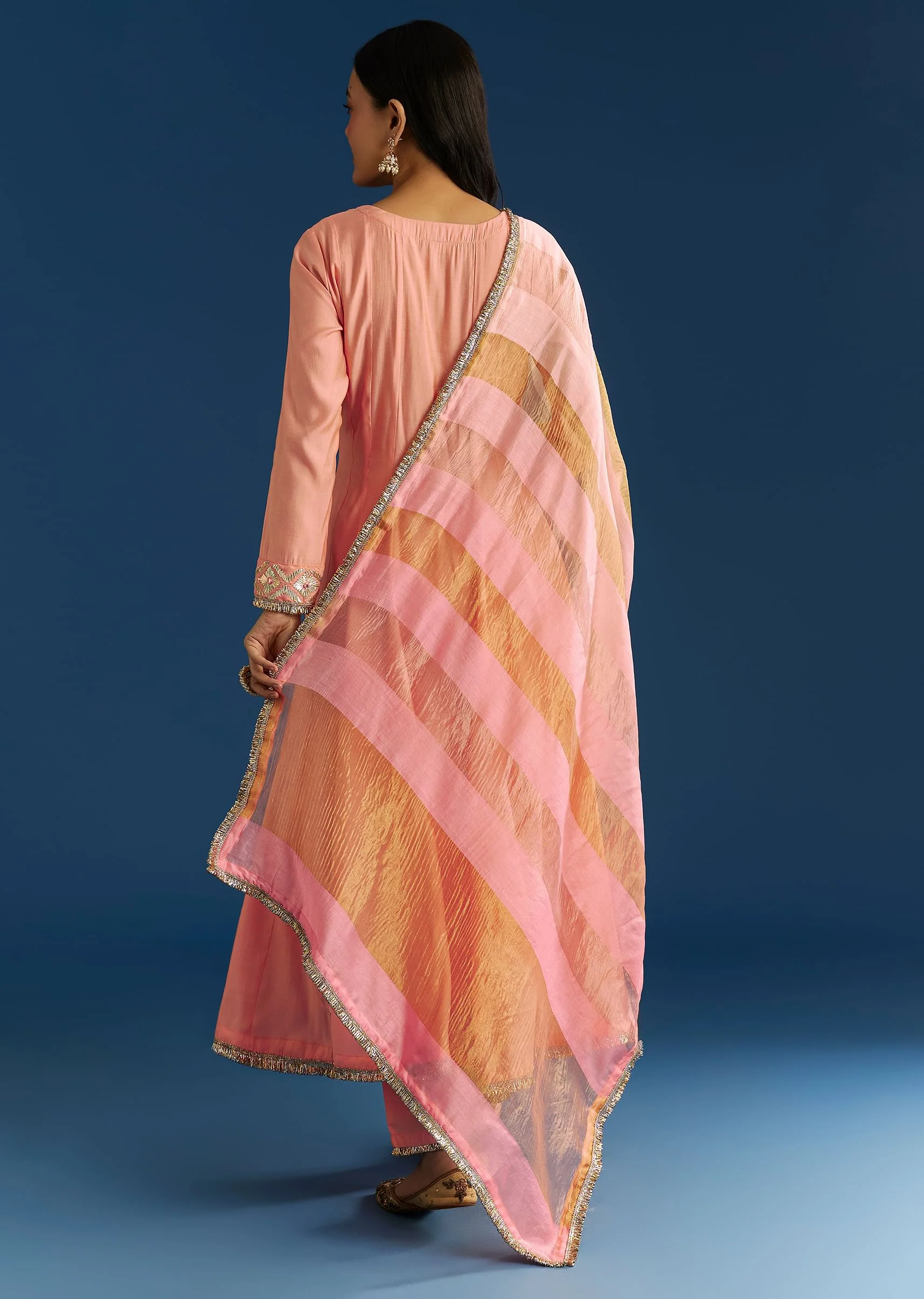 Peach Muslin Kurta Set With Gotta Lace Pant And Dupatta - Image 5