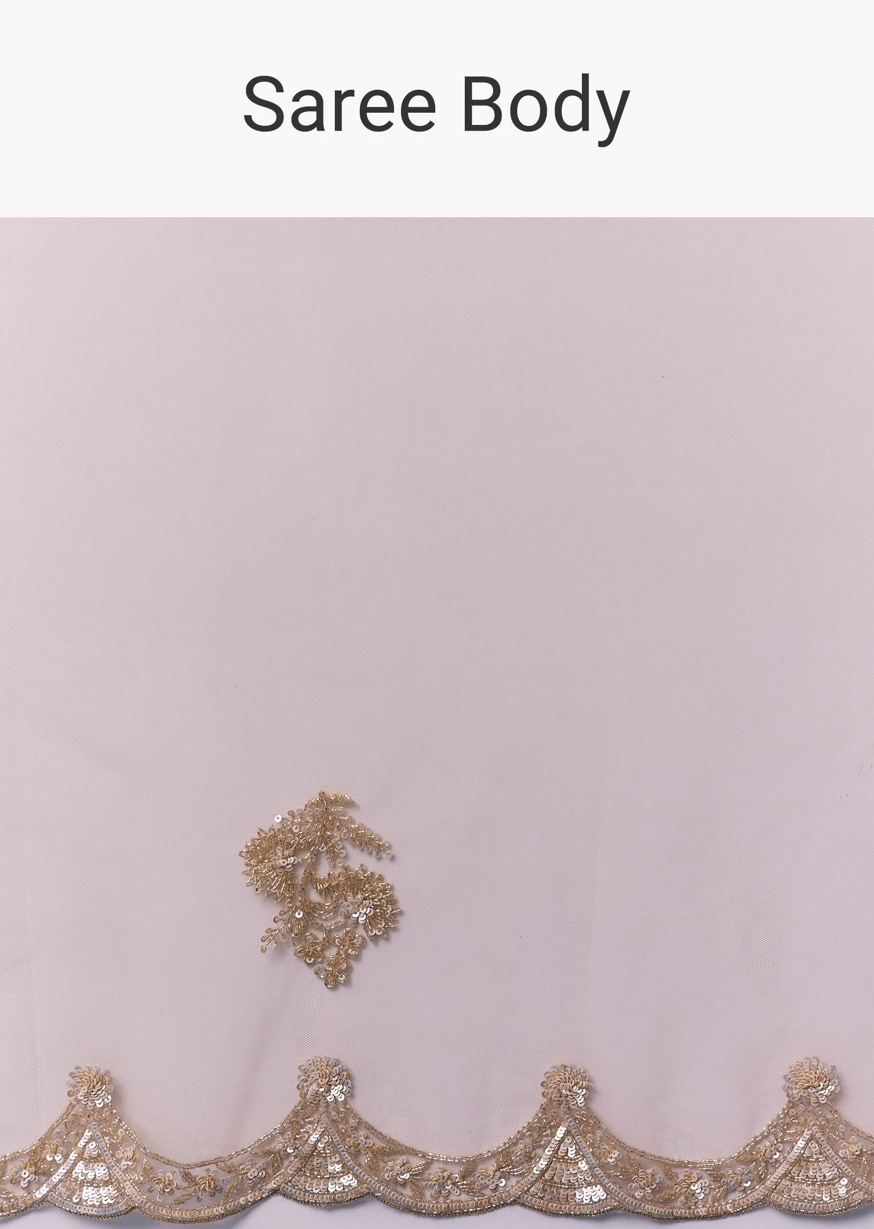 Peach Net Saree With Deep Scallop Border And Butti Embroidery - Image 9