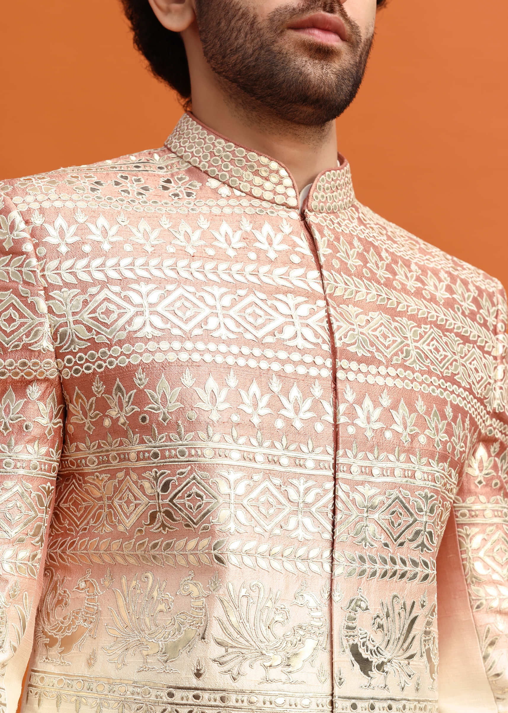 Peach Ombre Indowestern Set With Foil Work For Men - Image 2