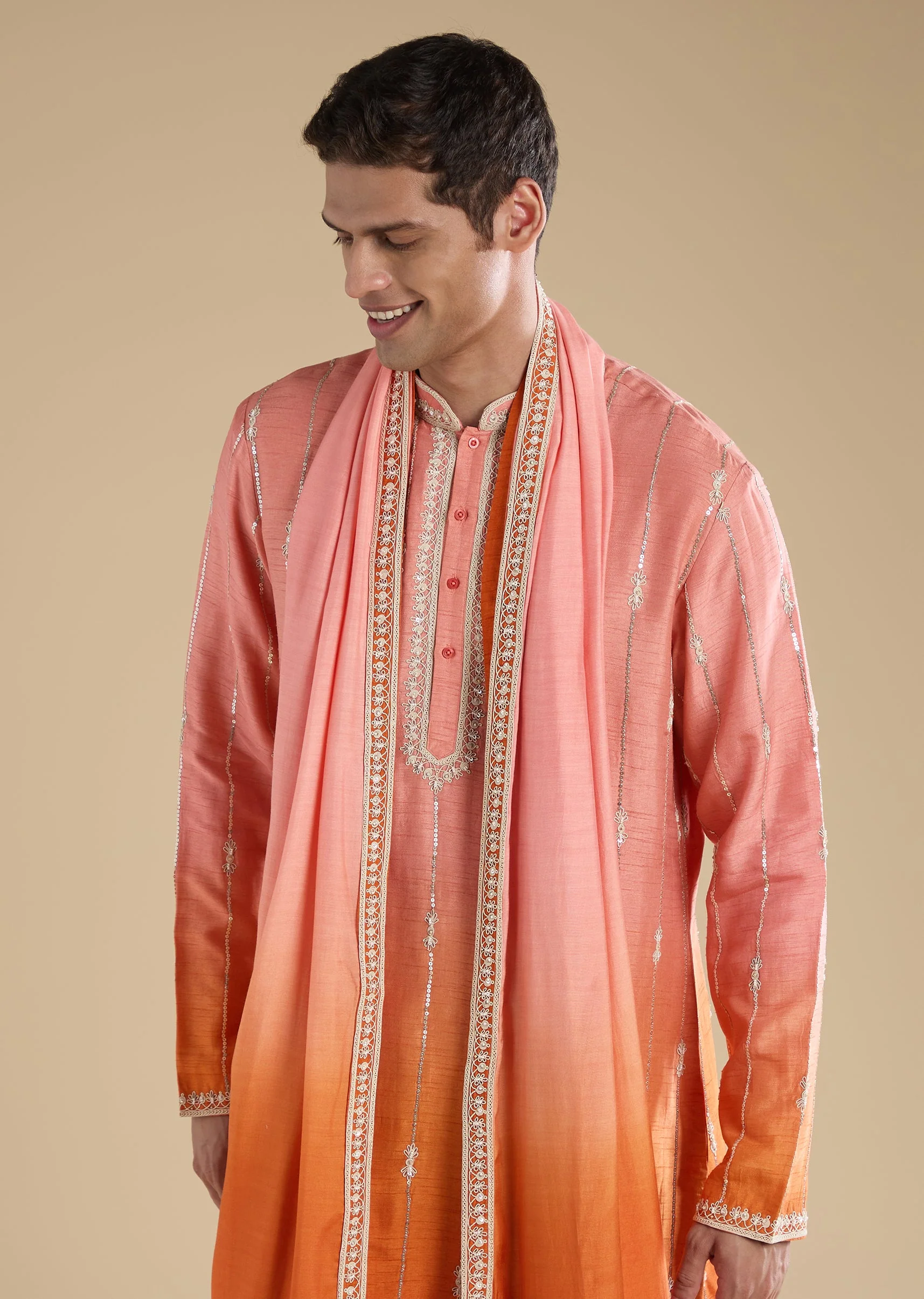 Peach Ombre Kurta Set With Dupatta And Pants - Image 2