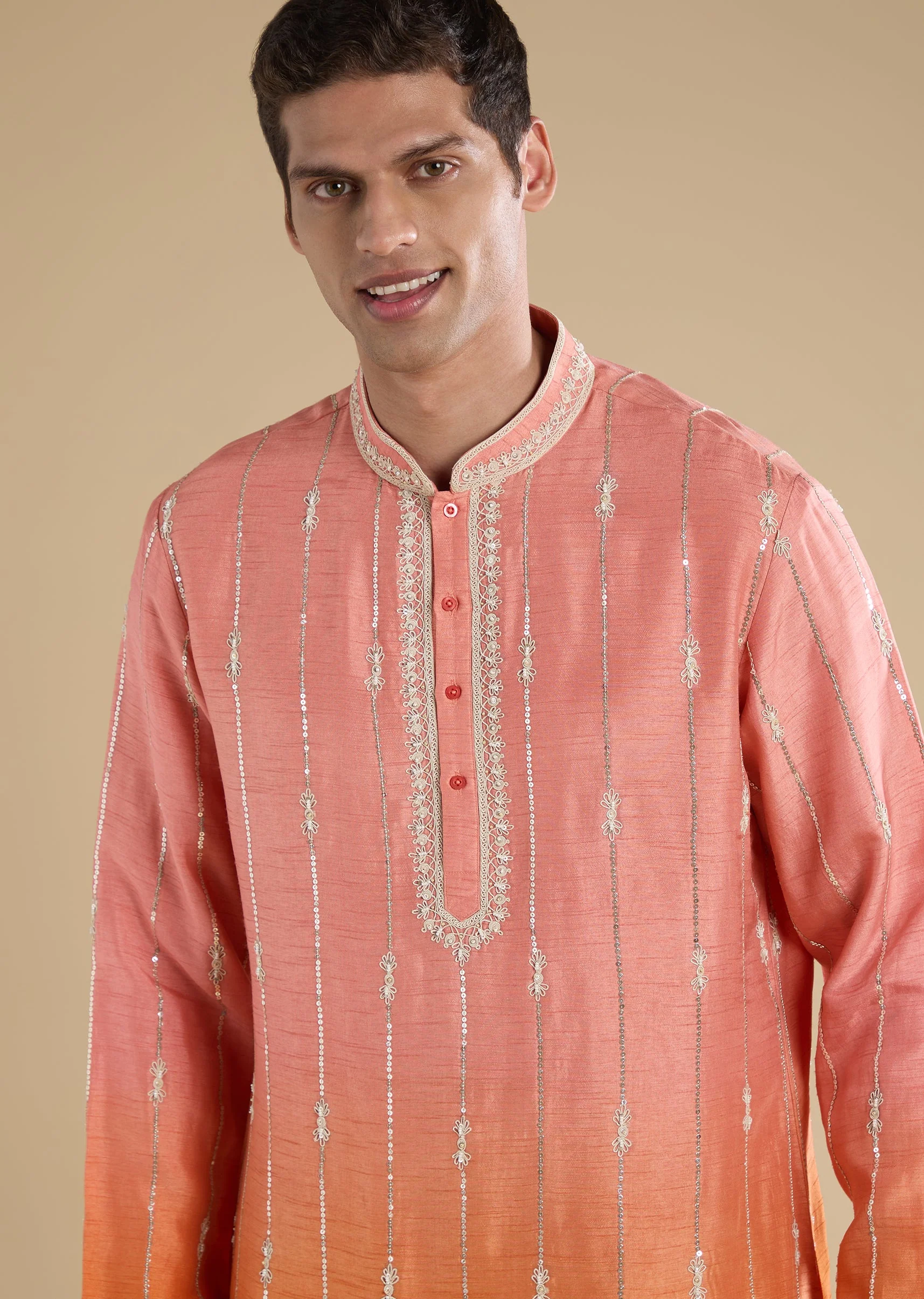 Peach Ombre Kurta Set With Dupatta And Pants - Image 3