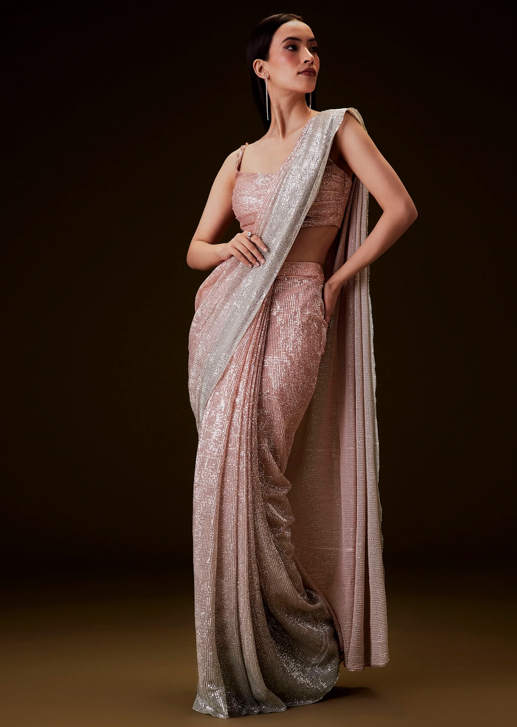 Peach Ombre Pre Drape Saree With Off Shoulder Boat Neck Blouse - Image 2