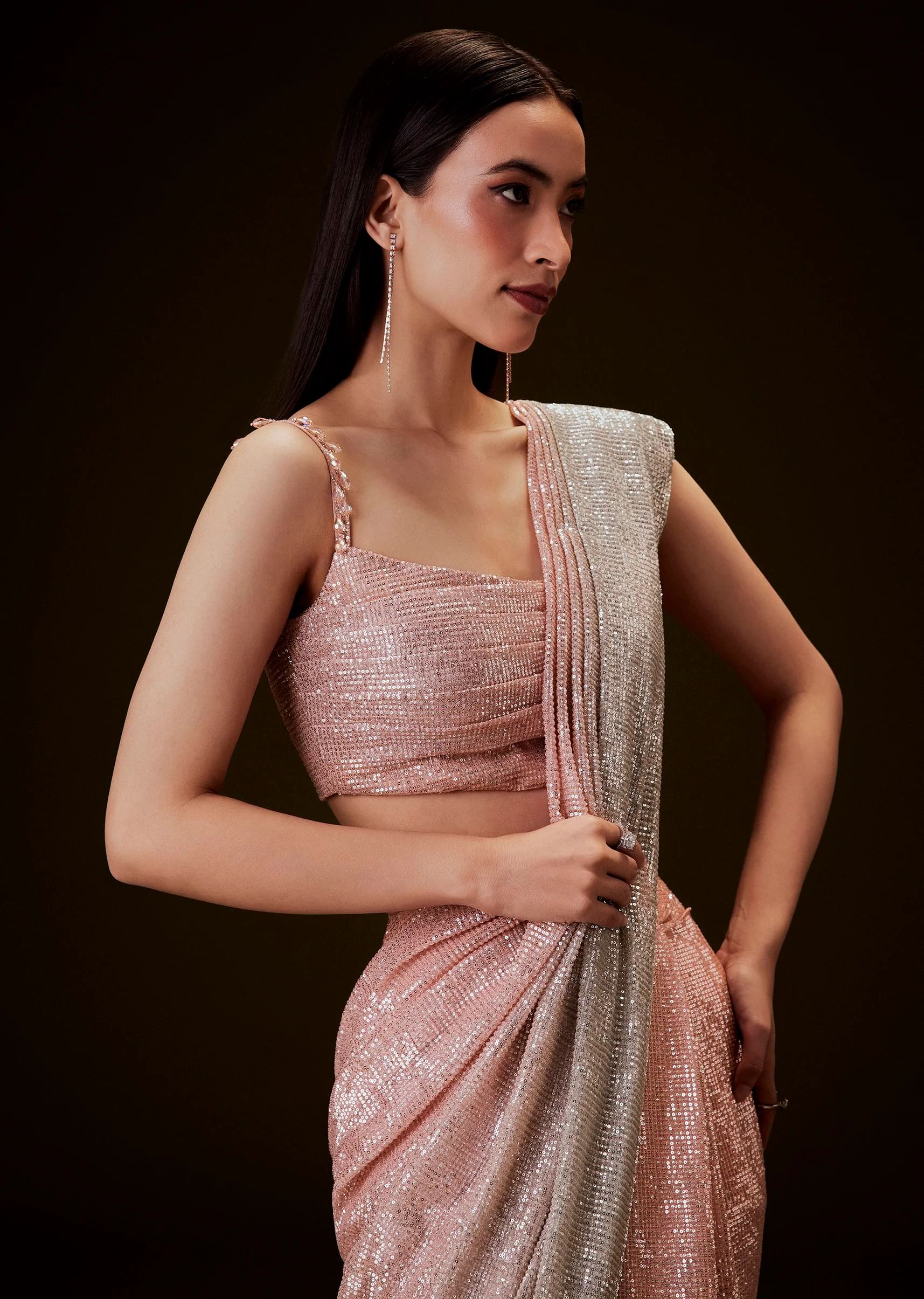 Peach Ombre Pre Drape Saree With Off Shoulder Boat Neck Blouse - Image 3