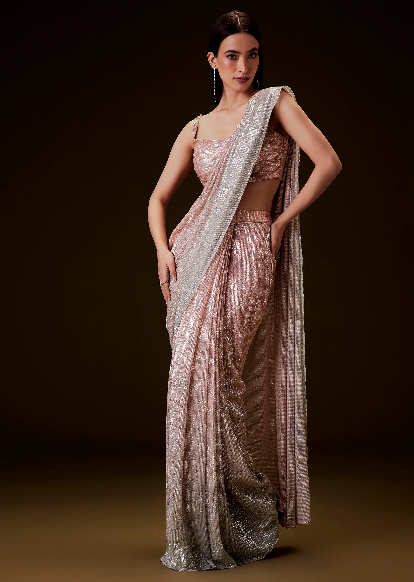Peach Ombre Pre Drape Saree With Off Shoulder Boat Neck Blouse - Image 5