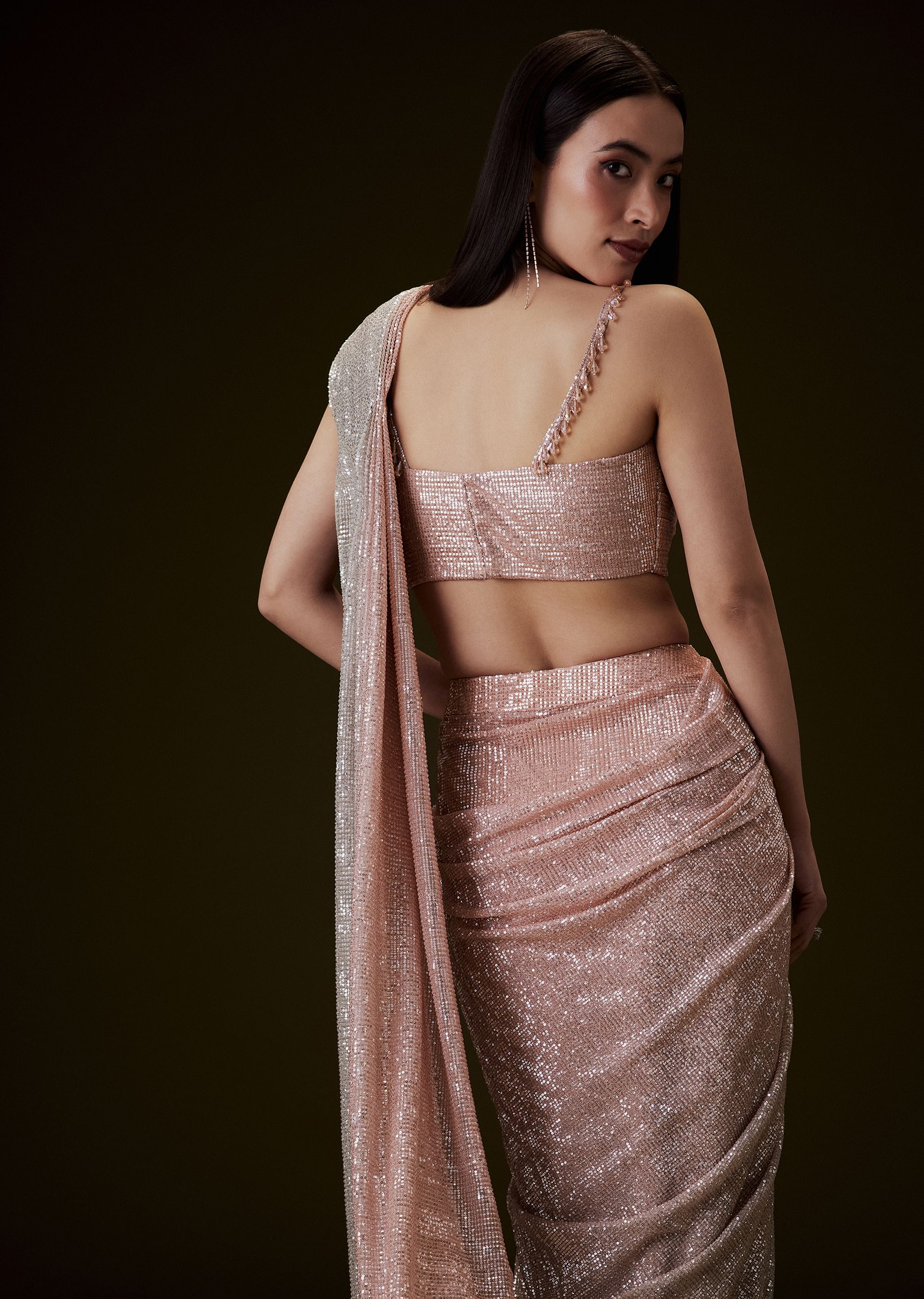 Peach Ombre Pre Drape Saree With Off Shoulder Boat Neck Blouse - Image 6