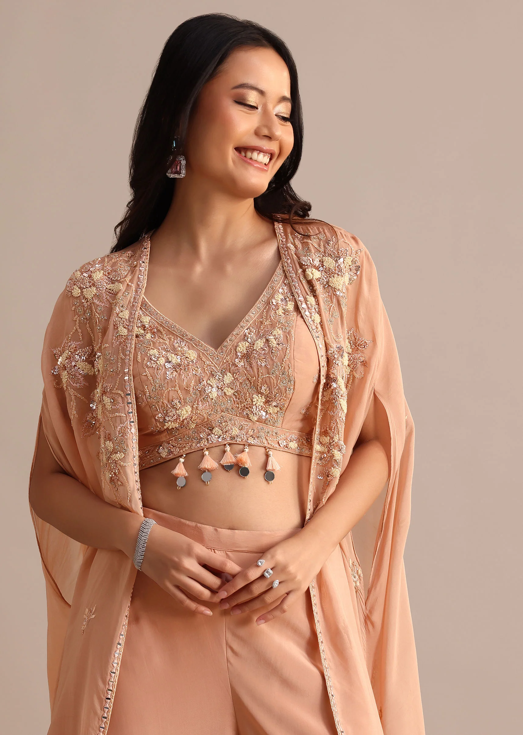 Peach Organza Crop Top Suit With Embroidered Jacket - Image 4