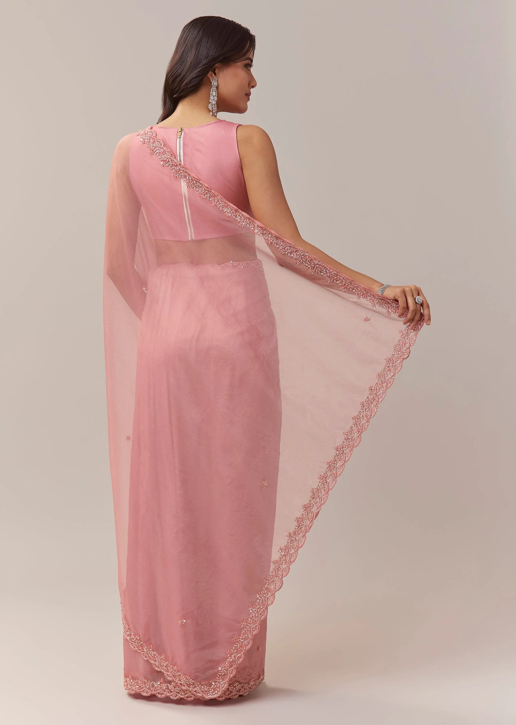 Peach Organza Saree With Scallop Border And Butti Embroidery - Image 4