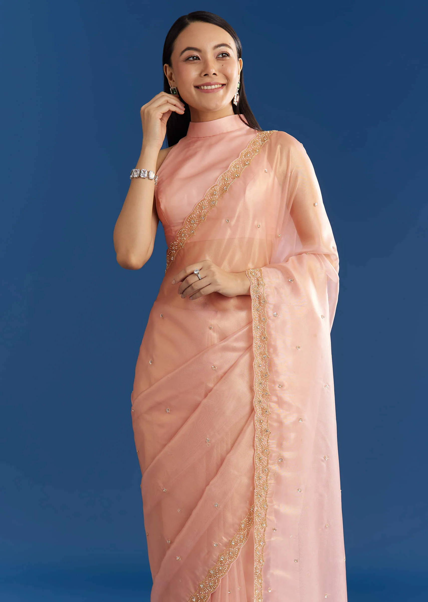 Peach Organza Tissue Saree With Scallop Edge - Image 2