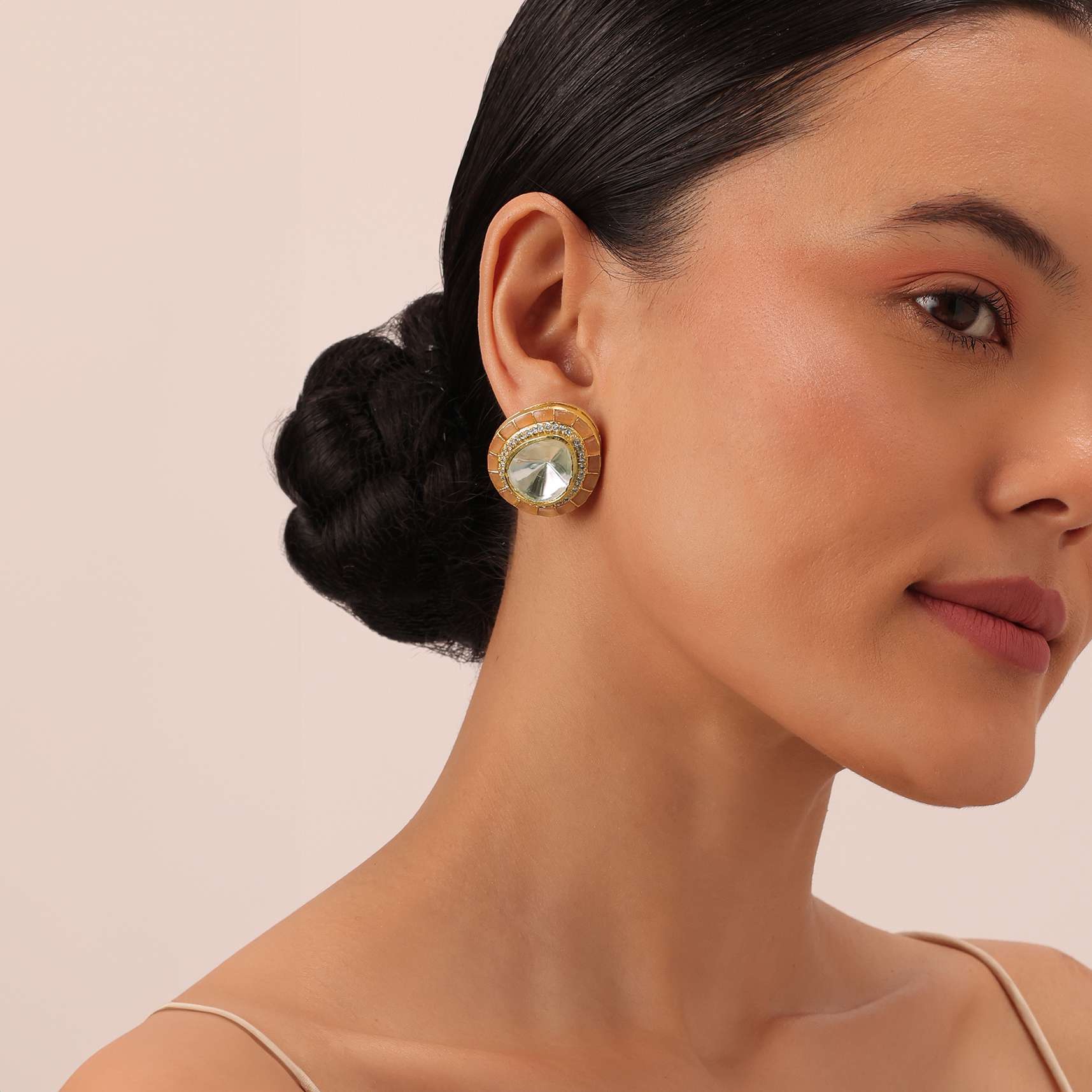 Peach Oversized Studs With Meenakari Detail And Studded Polki