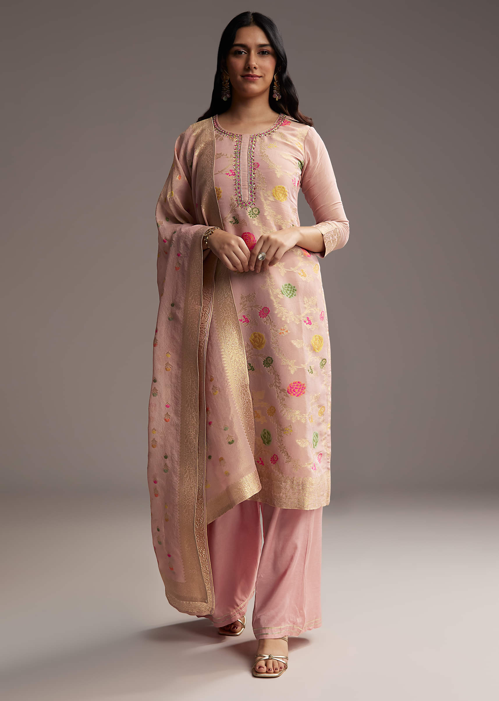 Peach Pink Banarasi Tissue Palazzo Suit - Image 3
