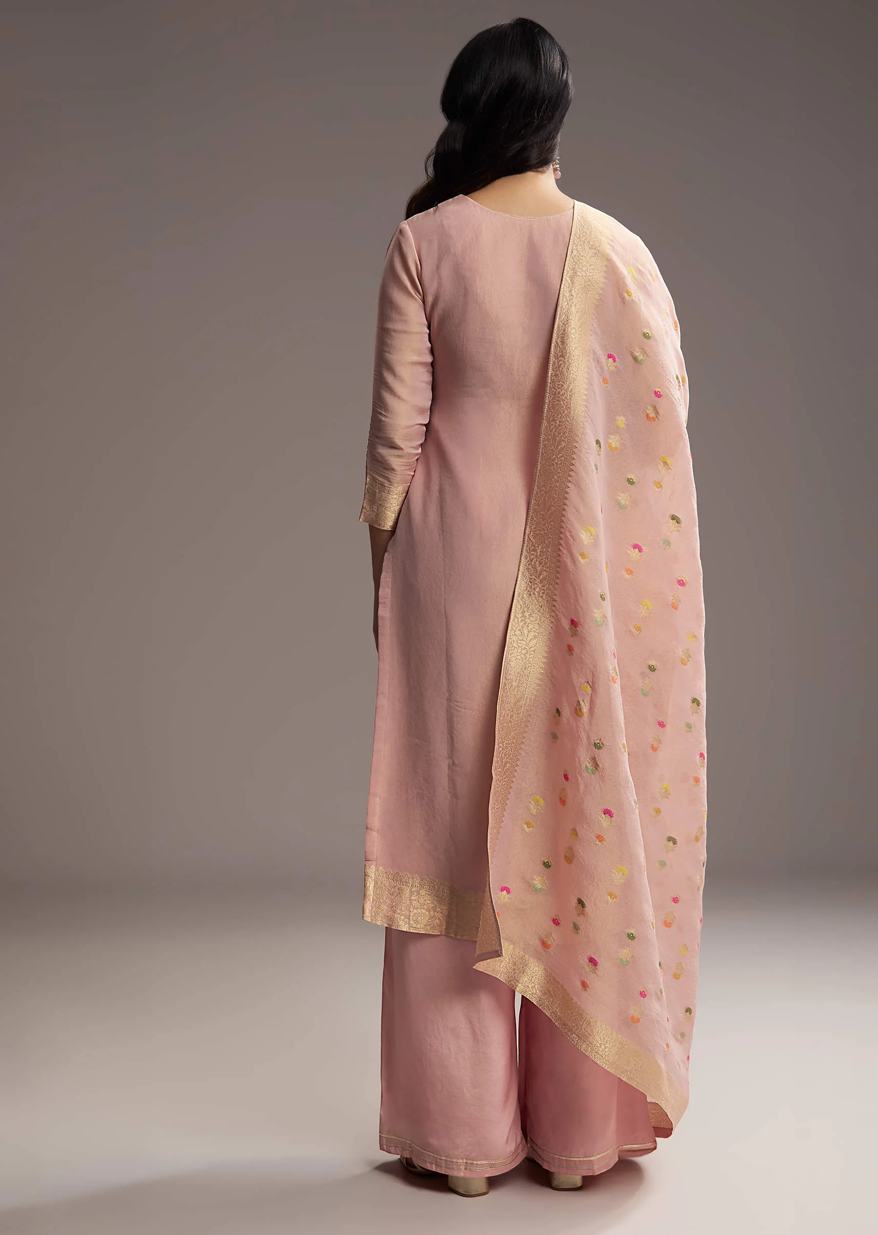 Peach Pink Banarasi Tissue Palazzo Suit - Image 5