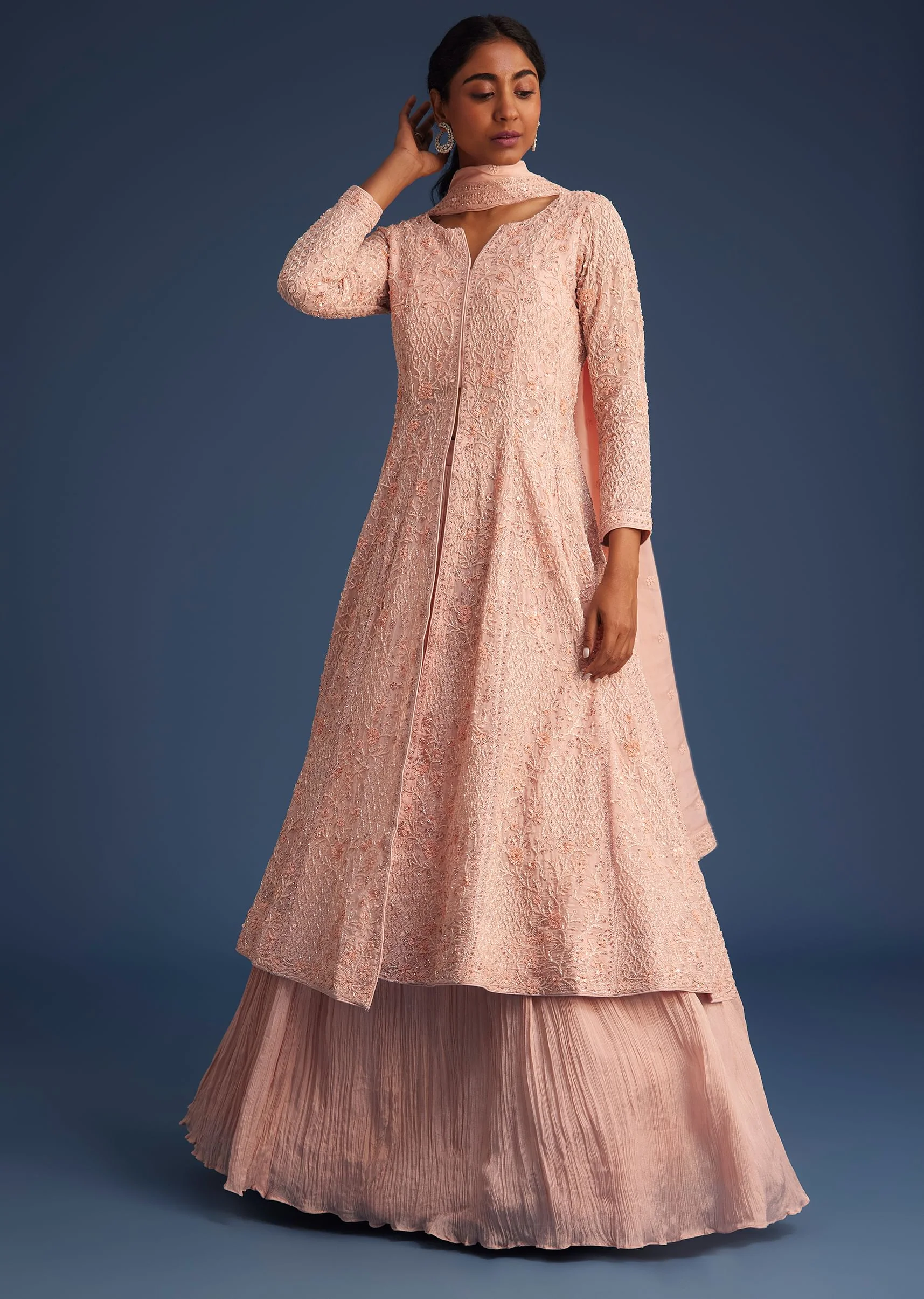 Peach Pink Organza Kurta Set With Chinon Skirt - Image 3
