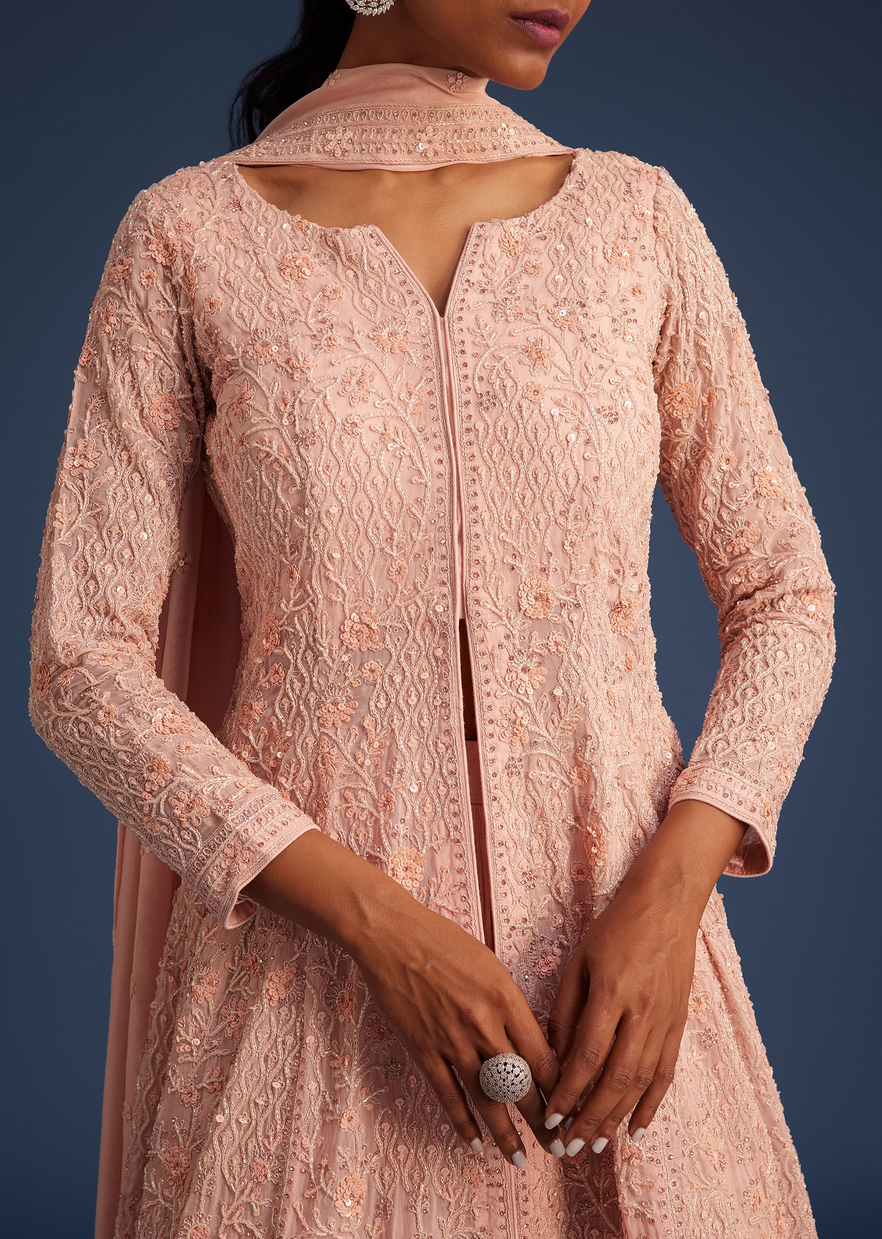 Peach Pink Organza Kurta Set With Chinon Skirt - Image 4