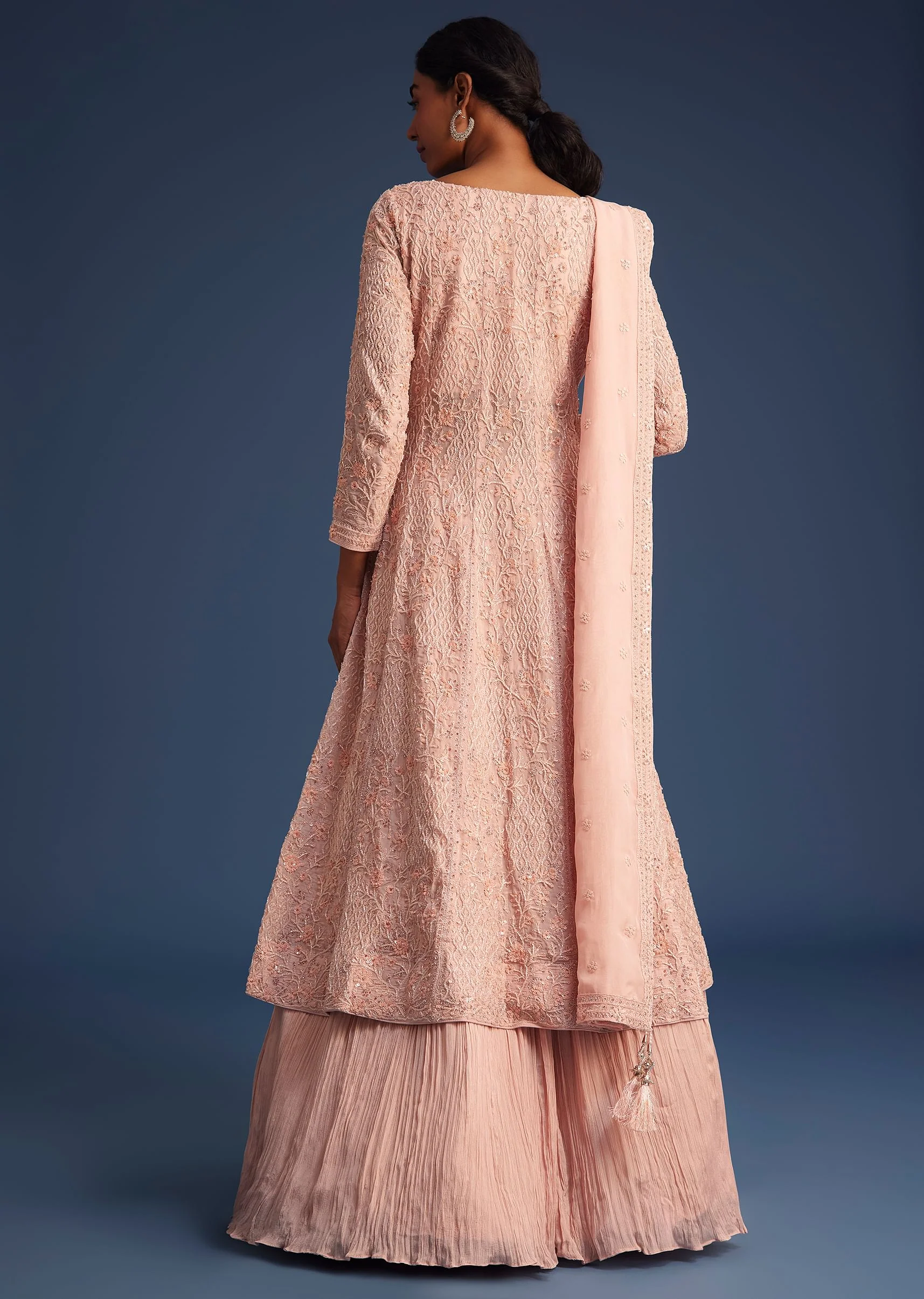 Peach Pink Organza Kurta Set With Chinon Skirt - Image 5