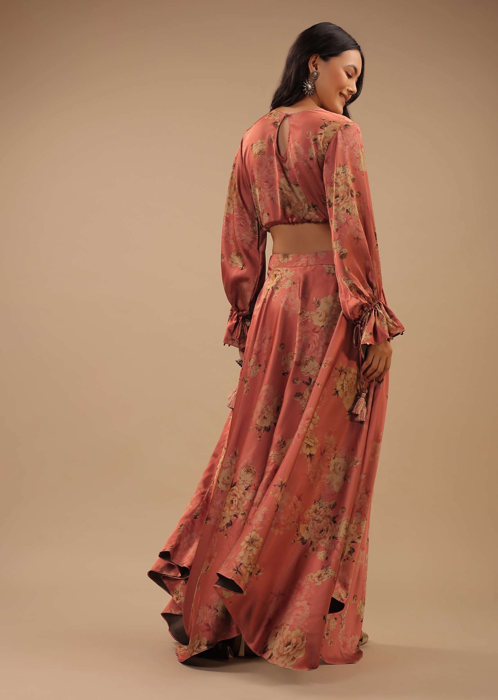 Peach Pink Satin Blouse And Skirt With Floral Print, Peasant Sleeves And High Low Hemline - Image 5
