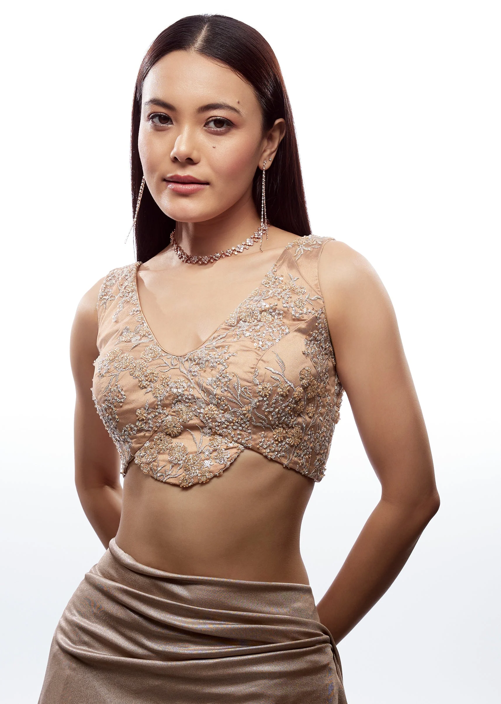 Peach Plunging Neckline Blouse With Back Tie Ups - Image 4