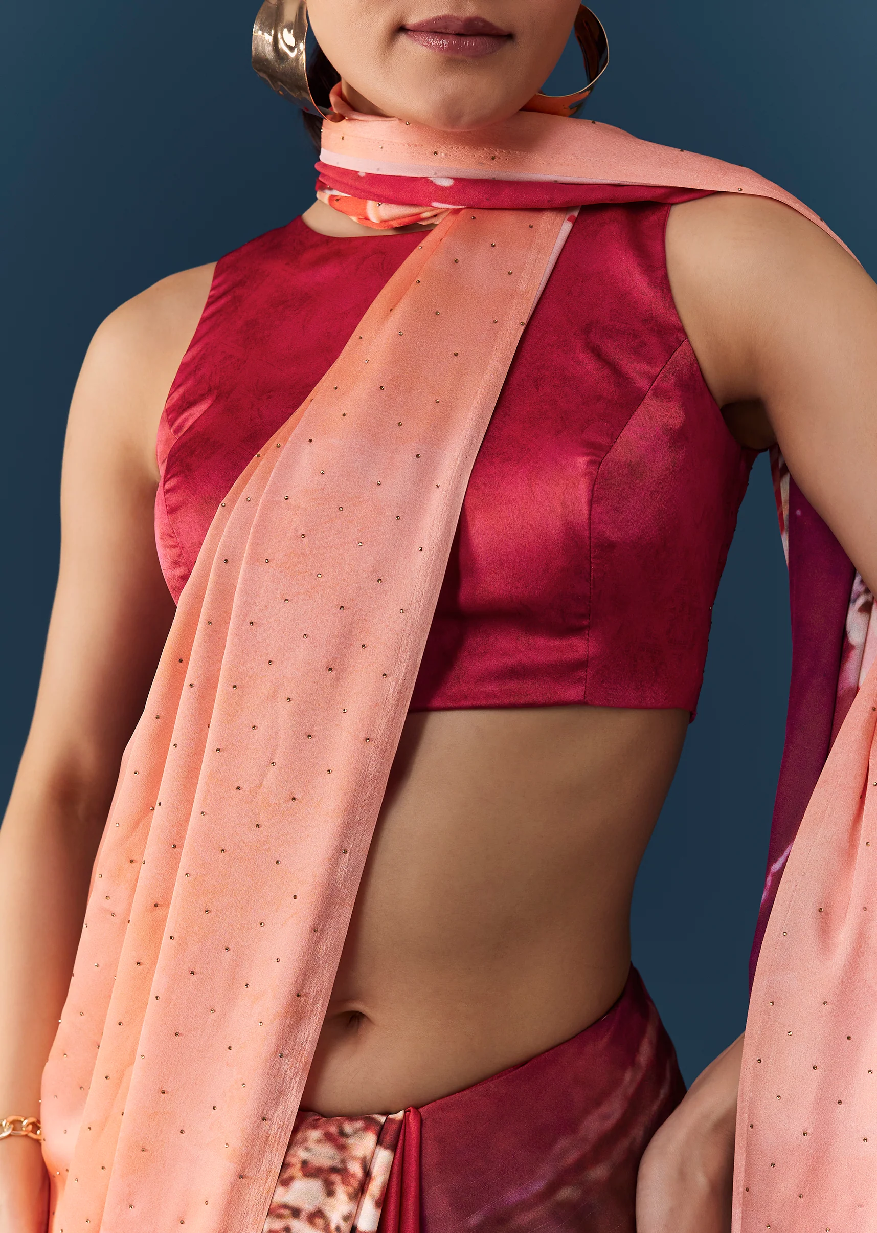 Peach Printed Saree with Blouse Fabric - Image 2