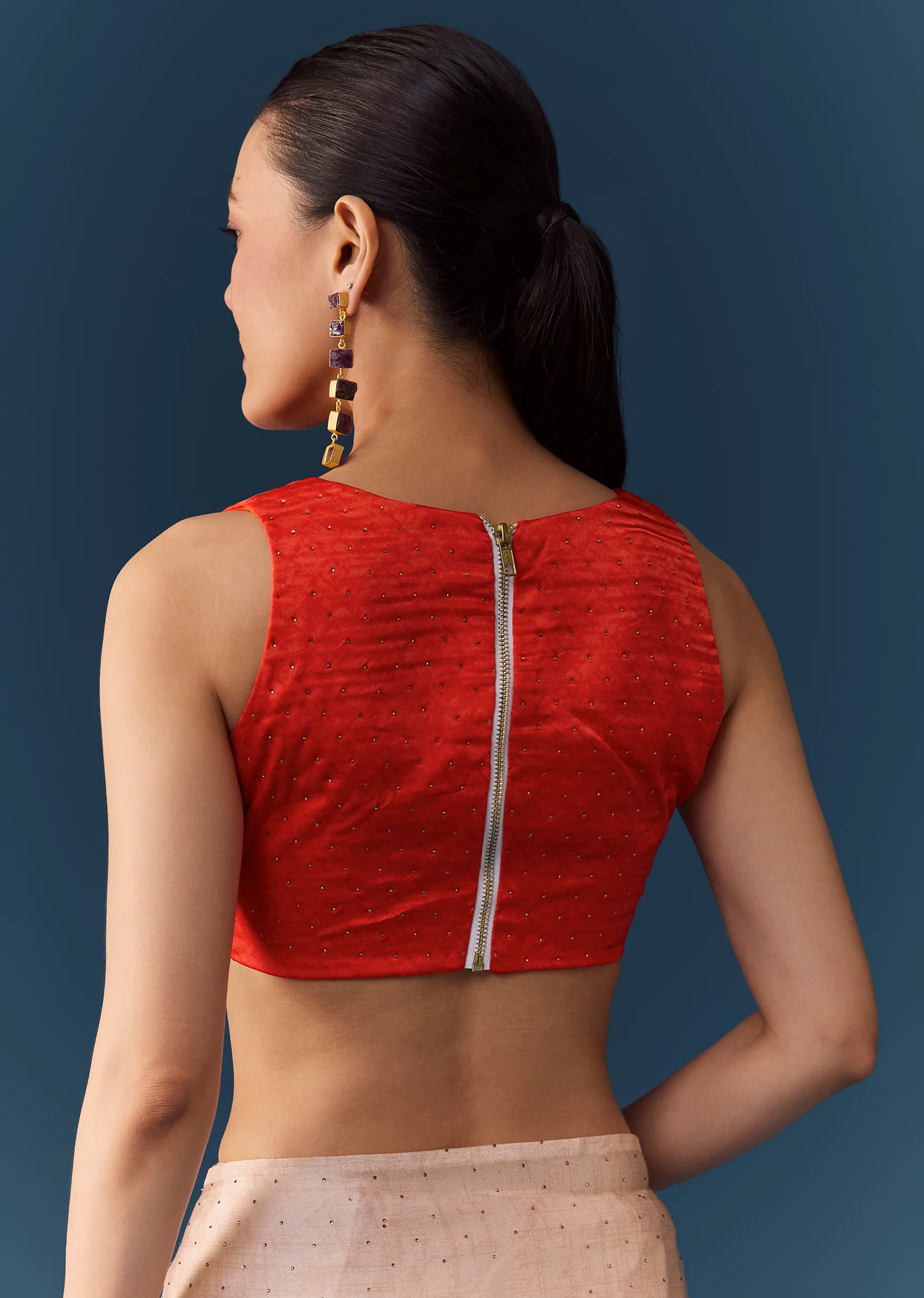 Peach Printed Satin Saree with Blouse Fabric - Image 8