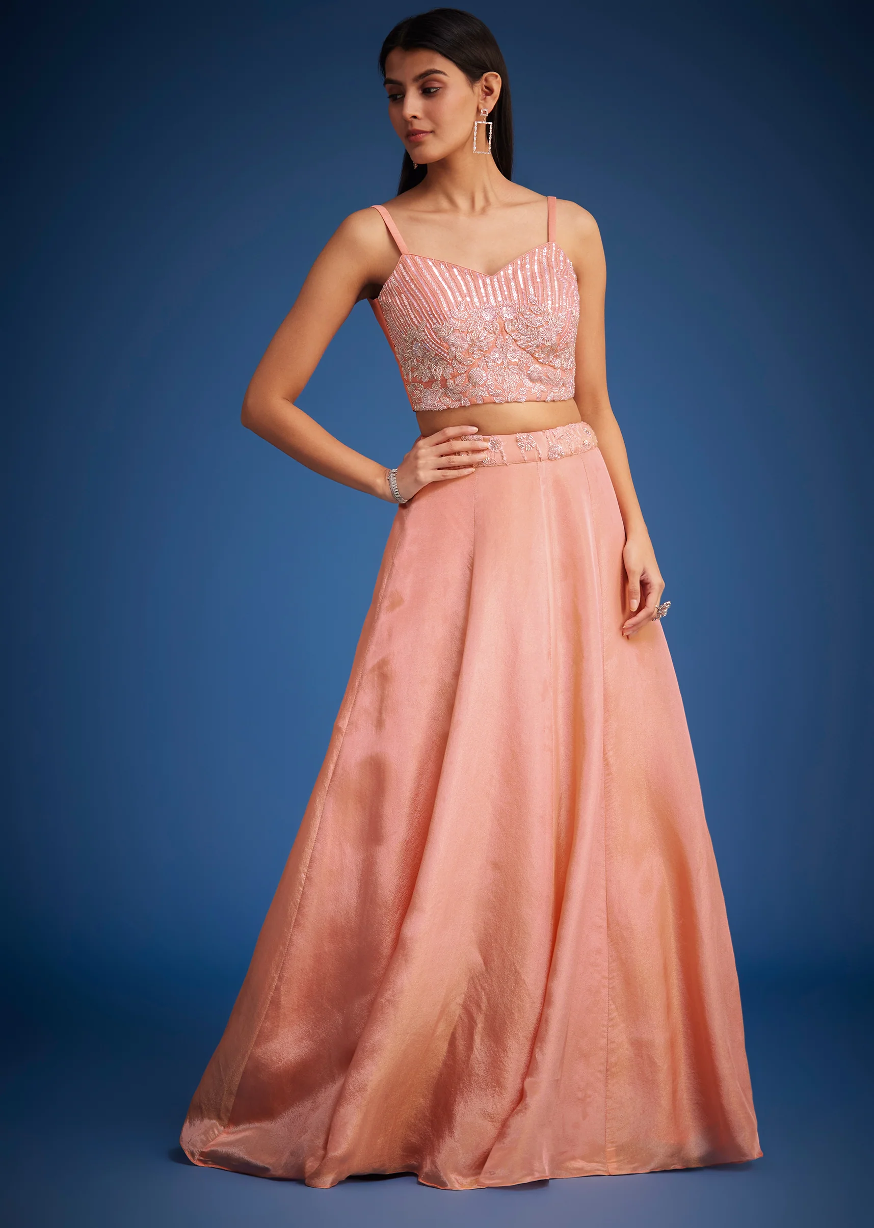 Peach Raw Silk Embroidered Jacket Lehenga Set - Image 6