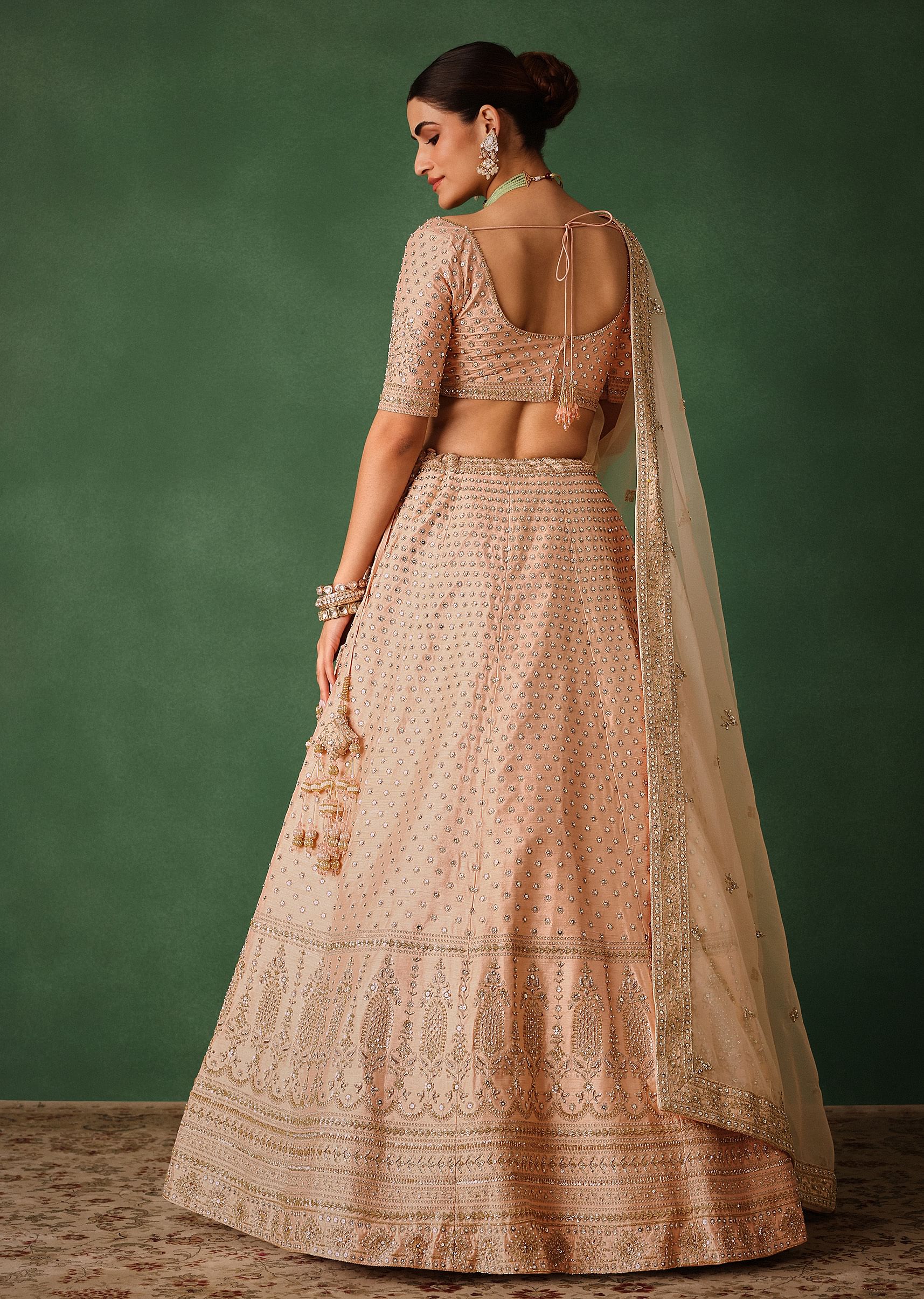 Peach Raw Silk Lehenga Set With Hand Embroidery - Image 6
