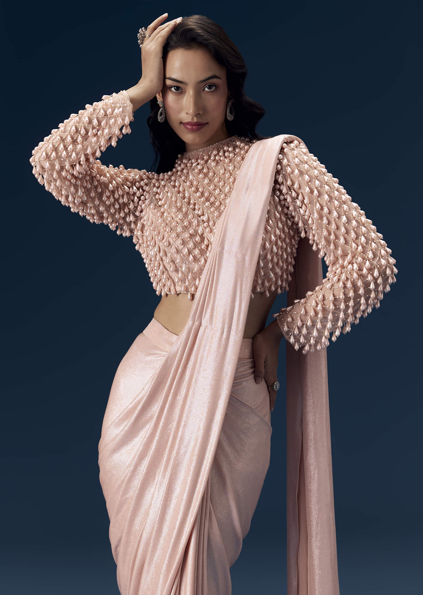 Peach Ready Pleated Saree with Blouse - Image 5