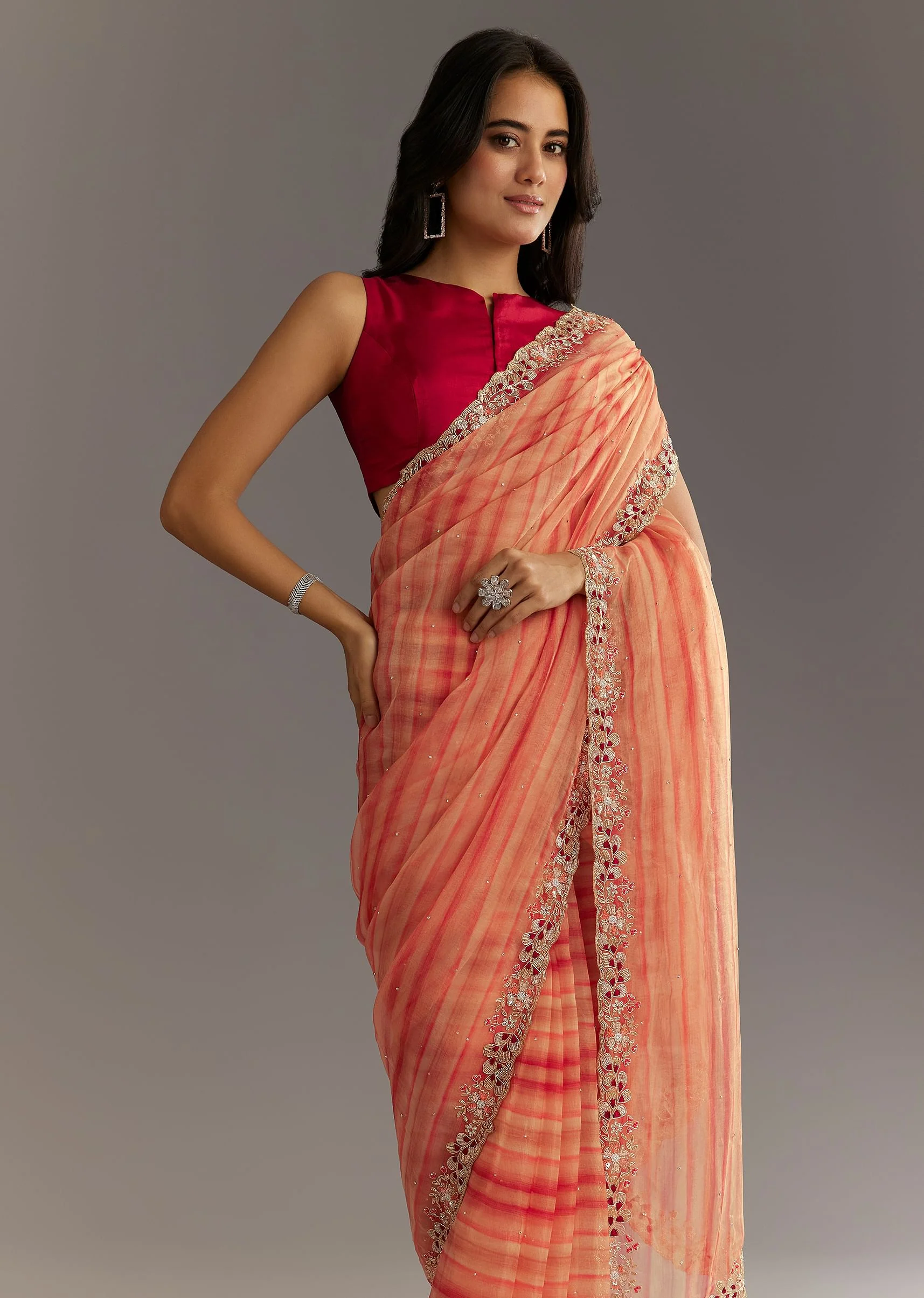 Peach Red Shaded Shibori Print Tissue Saree With Embroidered Scallop Border - Image 5