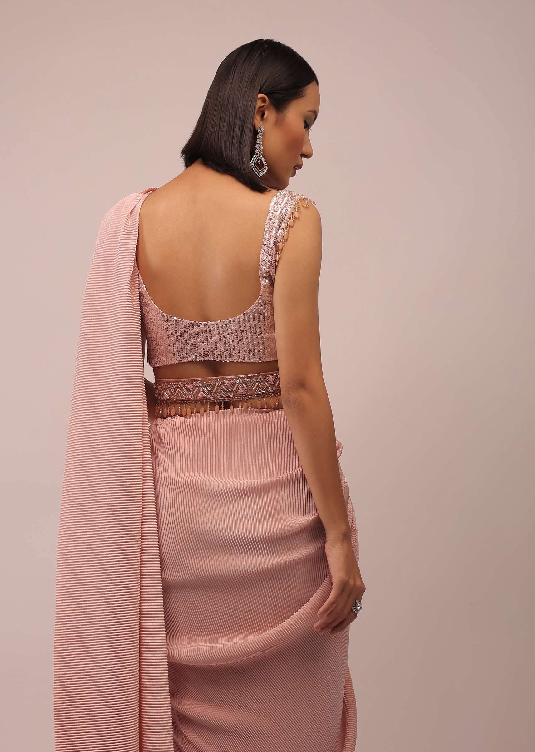 Peach Saree With A Crop Top Crafted In Net With Sequins Embroidery - Image 3
