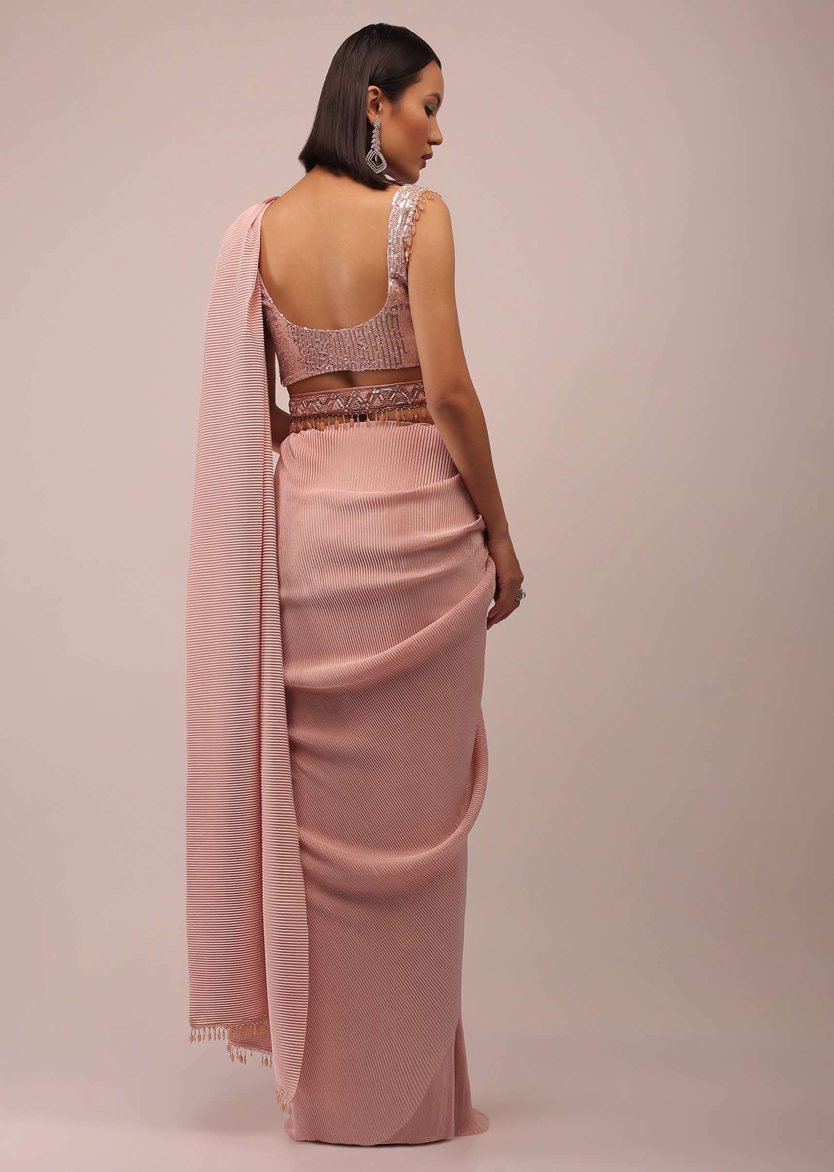 Peach Saree With A Crop Top Crafted In Net With Sequins Embroidery - Image 5