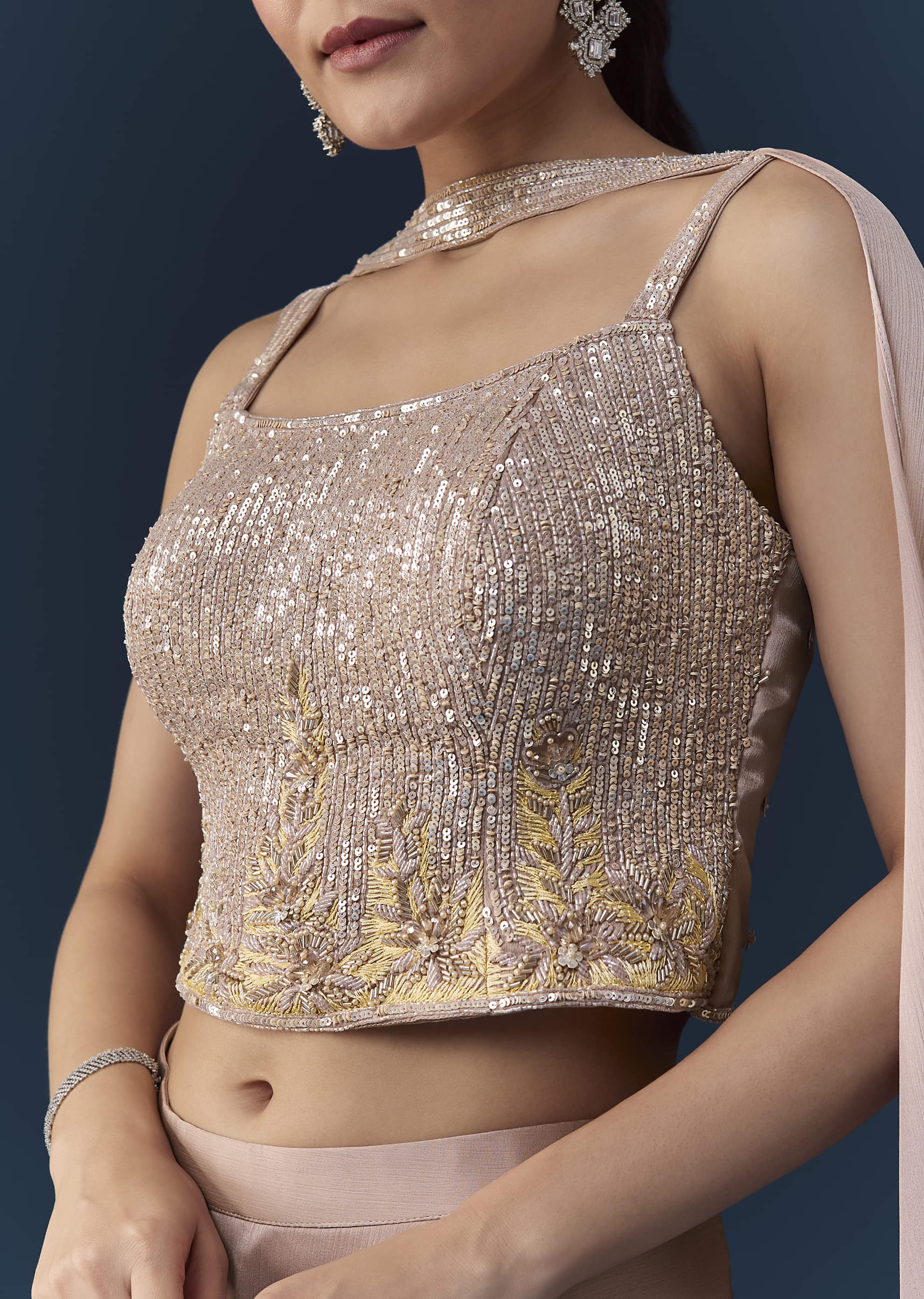 Peach Satin Sequin Work Crop Top Set with Dupatta - Image 2