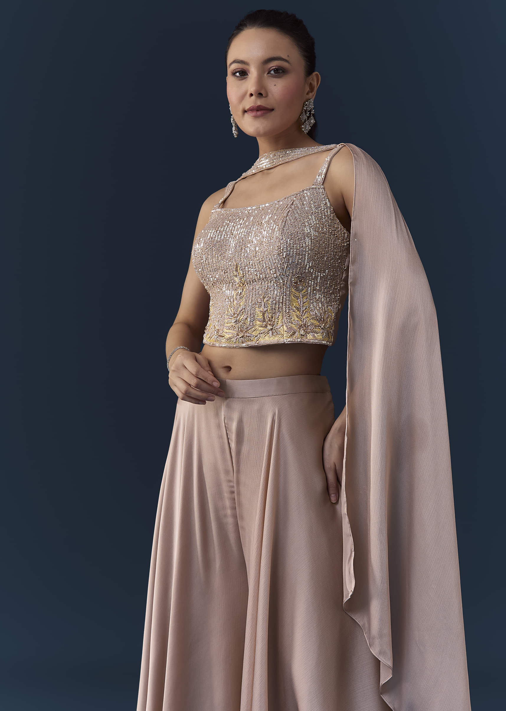 Peach Satin Sequin Work Crop Top Set with Dupatta - Image 4