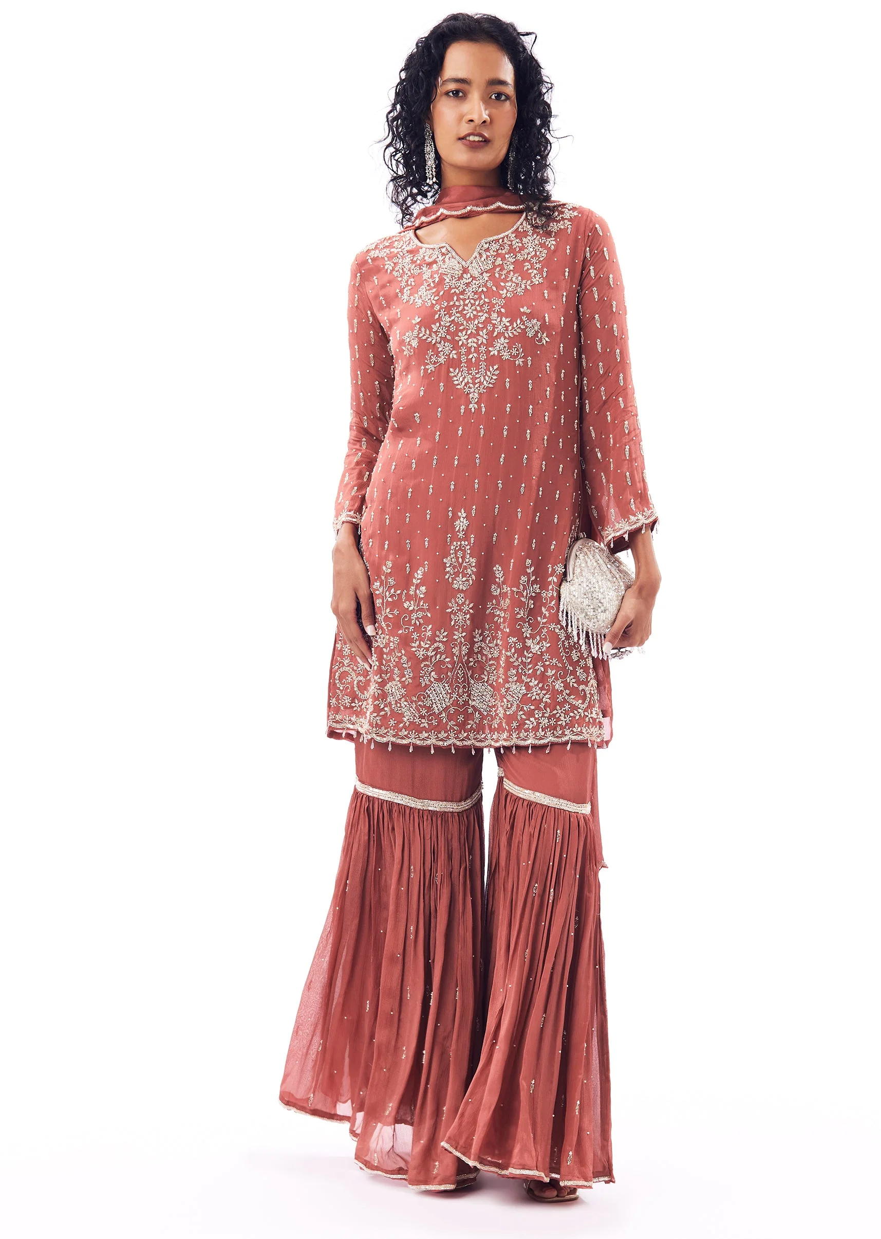 Peach Sharara Suit With Cutdana And Moti Work - Image 3