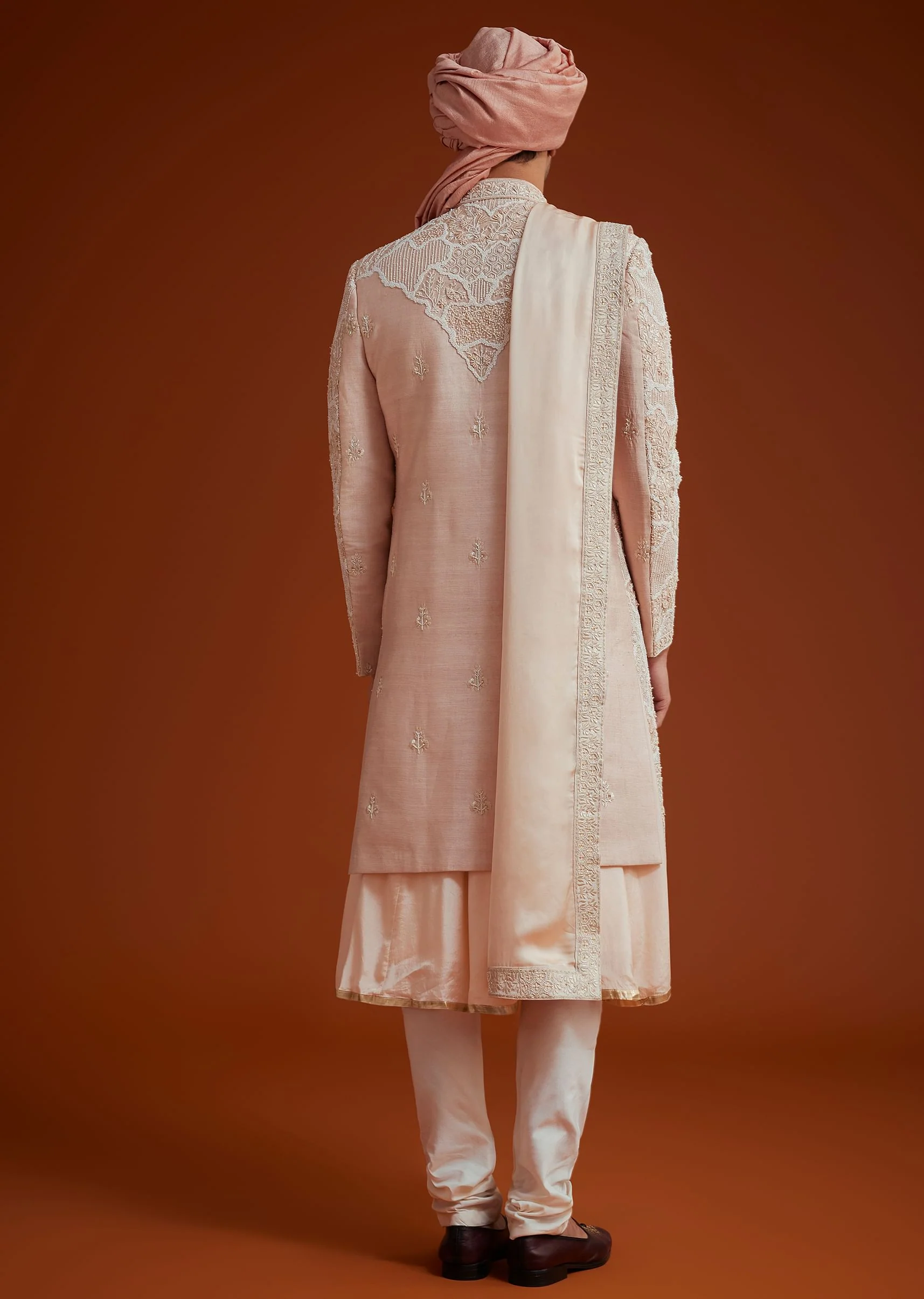 Peach Sherwani With Bead And Thread Embroidery - Image 5