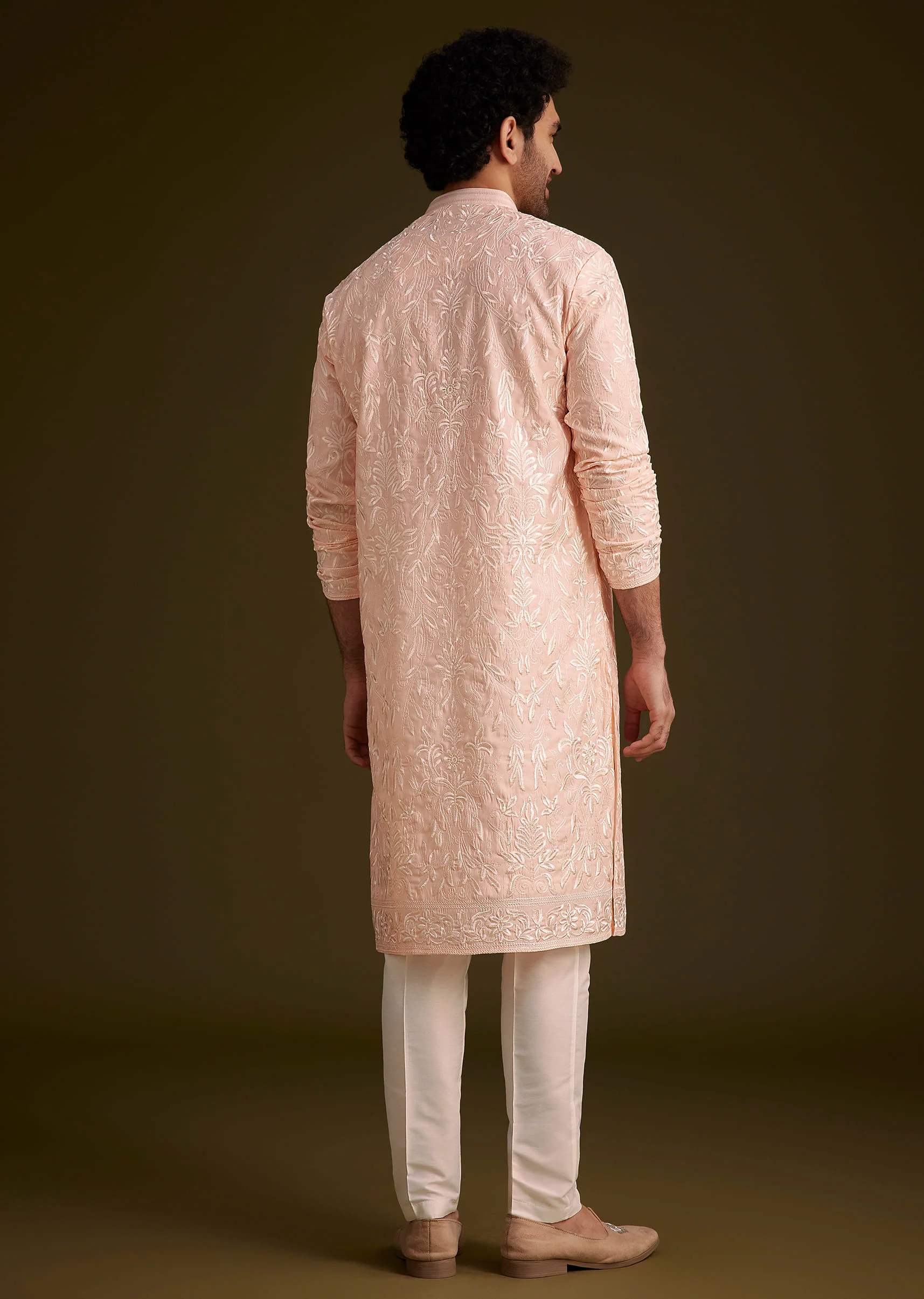 Peach Silk Embroidered Kurta Set - Image 5