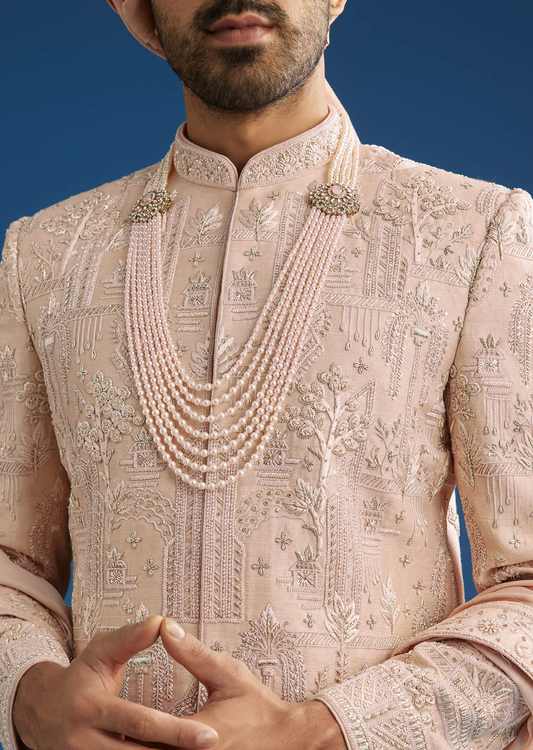 Peach Silk Groom Sherwani Set With Zardosi Embroidery - Image 2