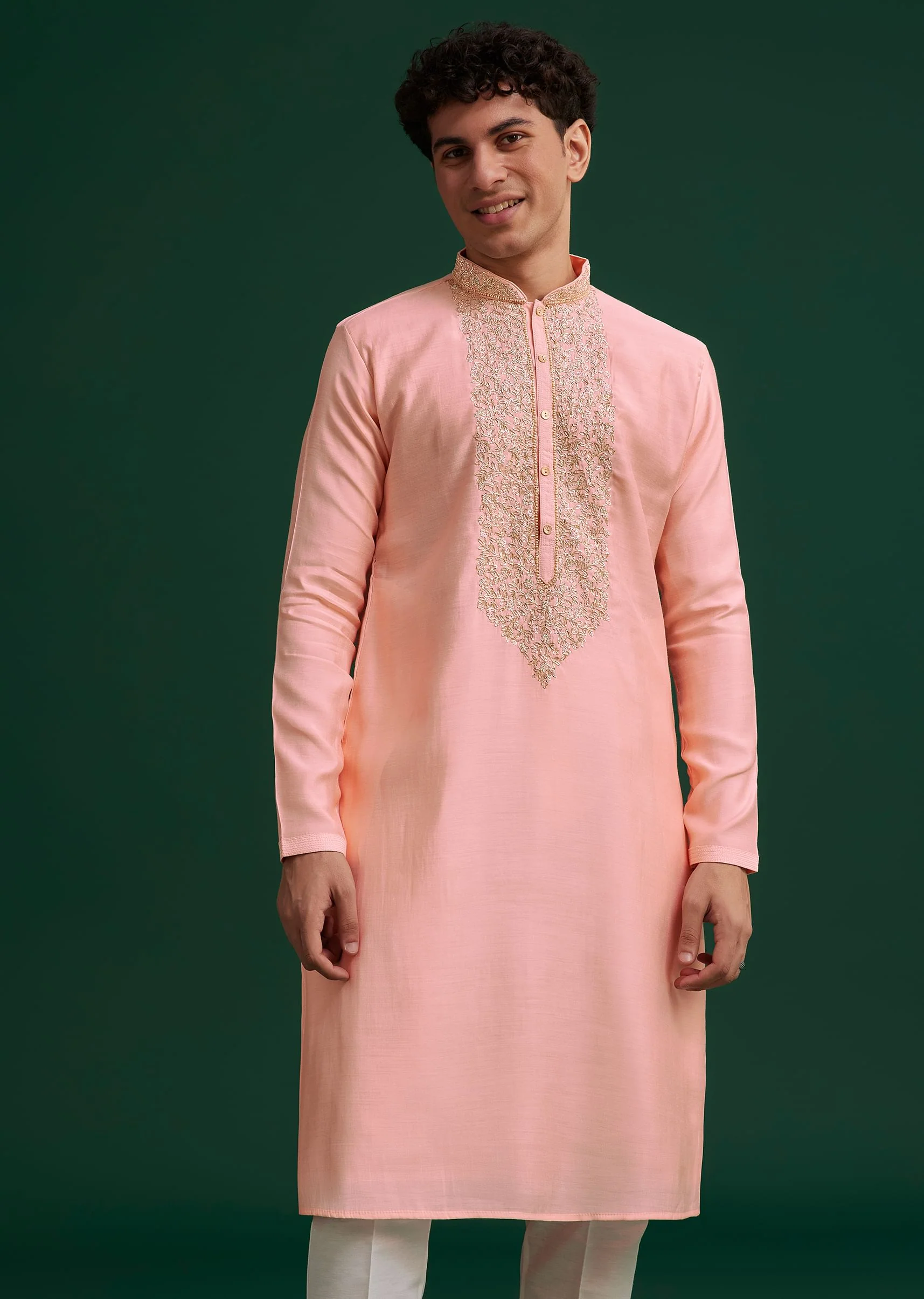 Peach Silk Hand Embroidered Yoke Kurta Set - Image 4