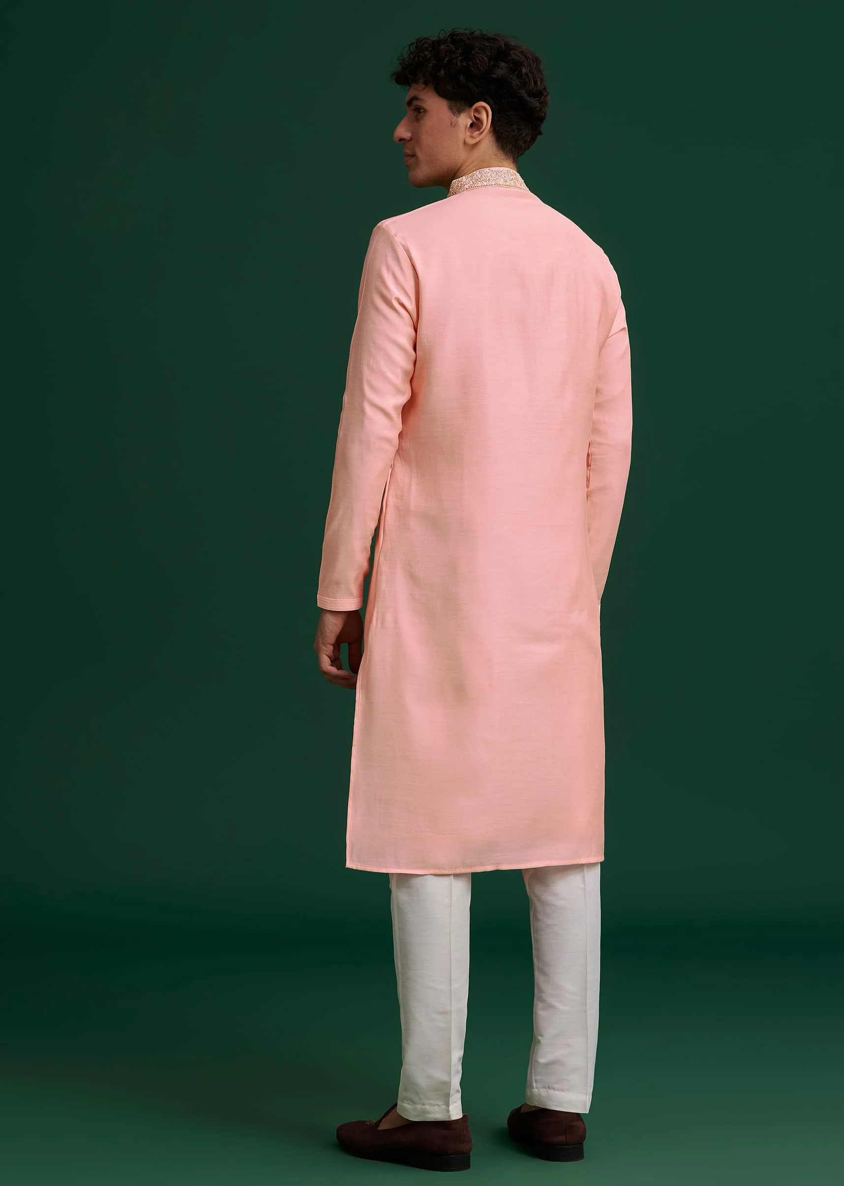 Peach Silk Hand Embroidered Yoke Kurta Set - Image 5