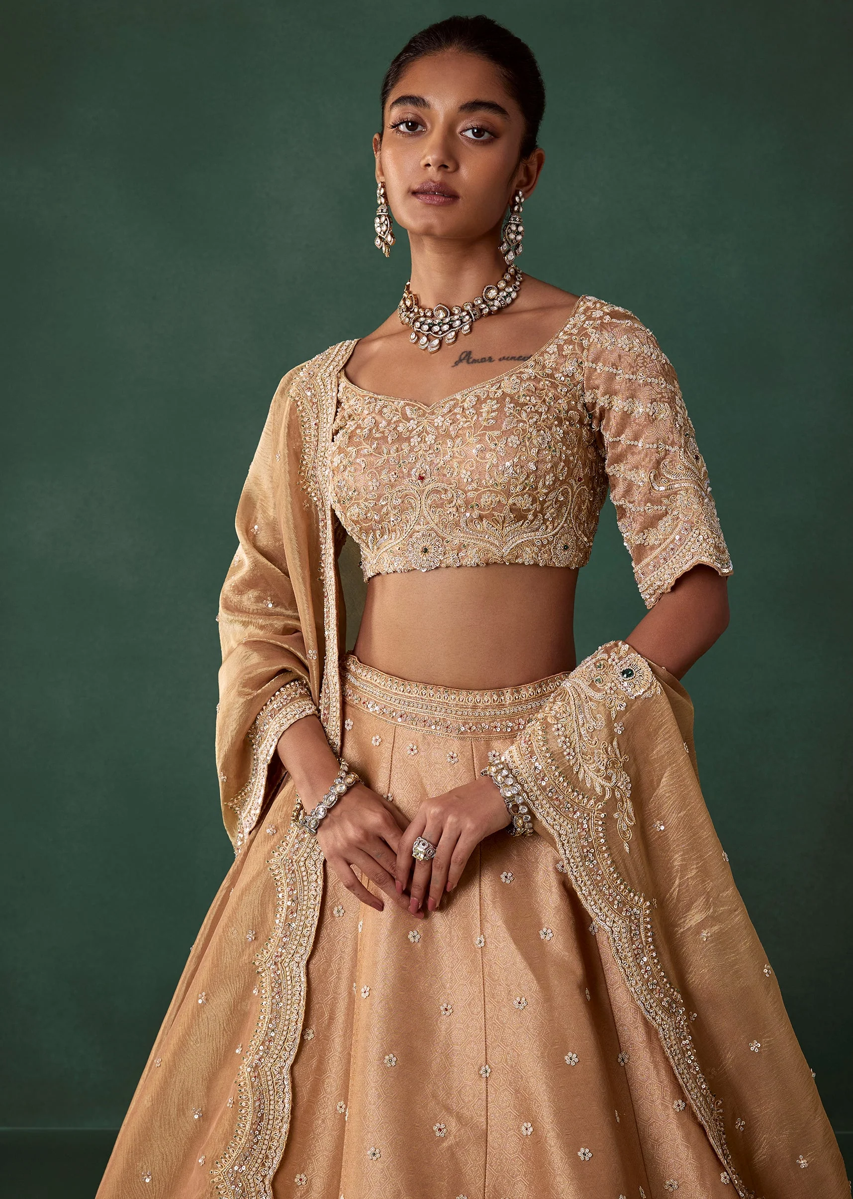 Peach Silk Heavy Embroidered Bridal Lehenga Set - Image 5