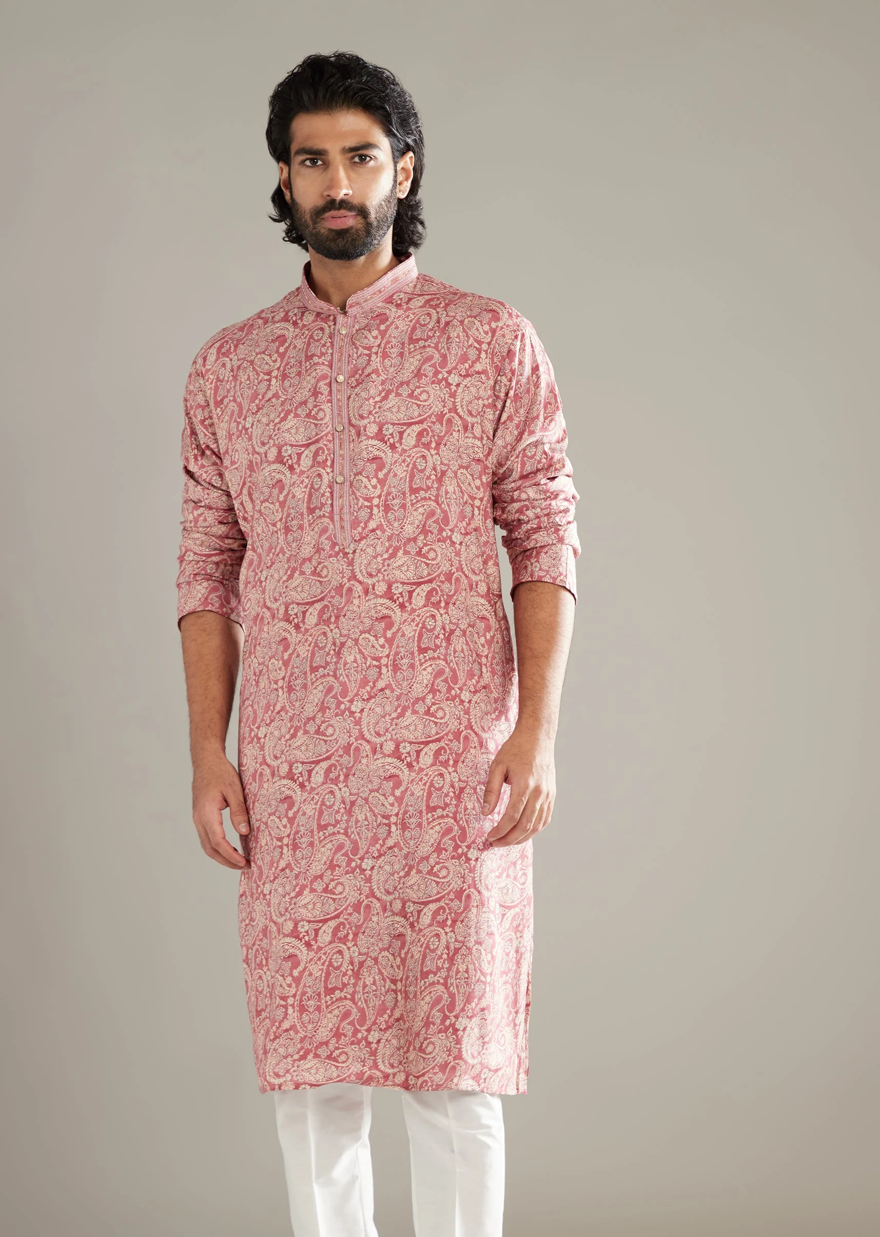 Peach Silk Kurta Set For Men With Paisley Print - Image 4