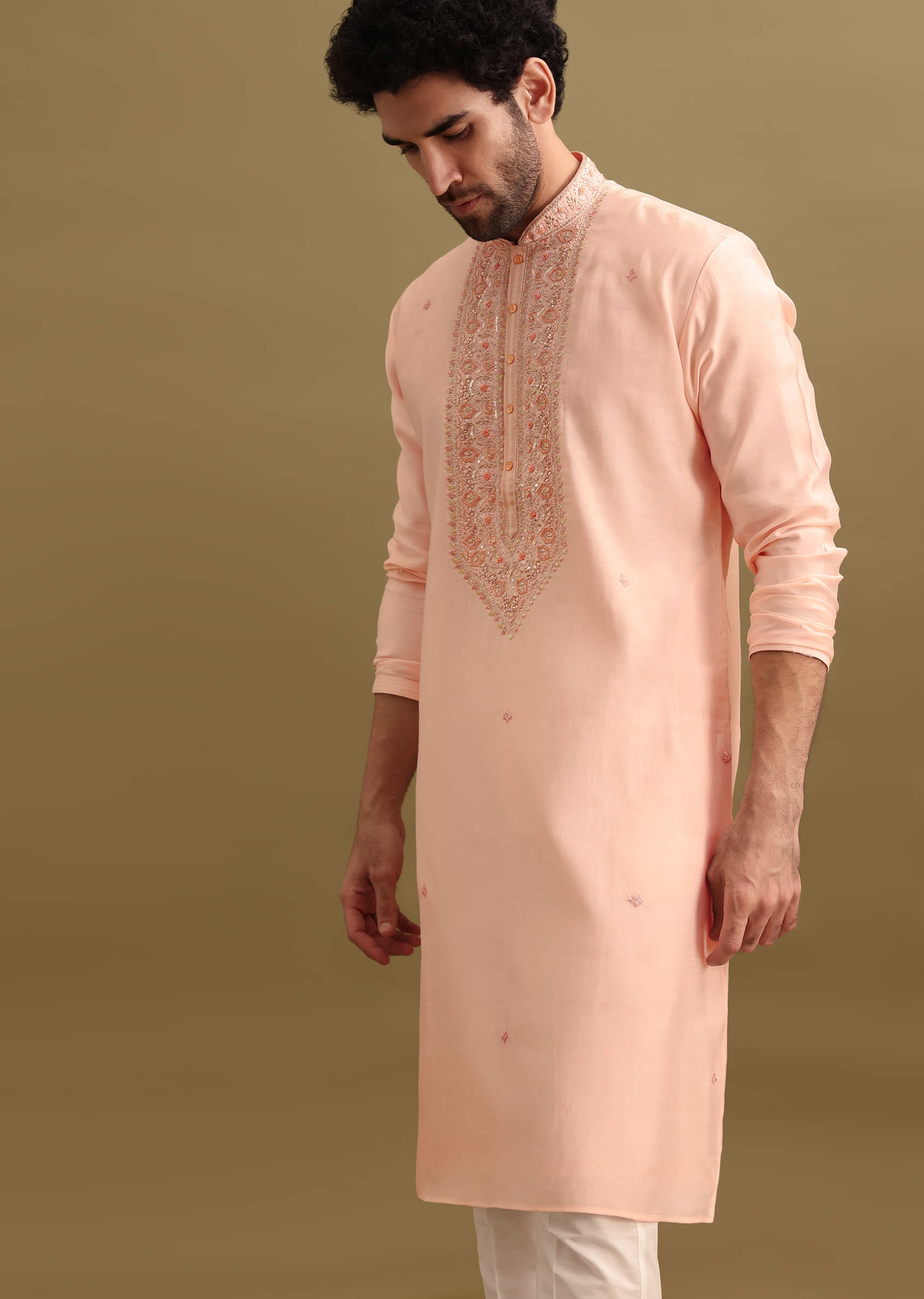 Peach Silk Kurta Set With Zari Work For Men - Image 4
