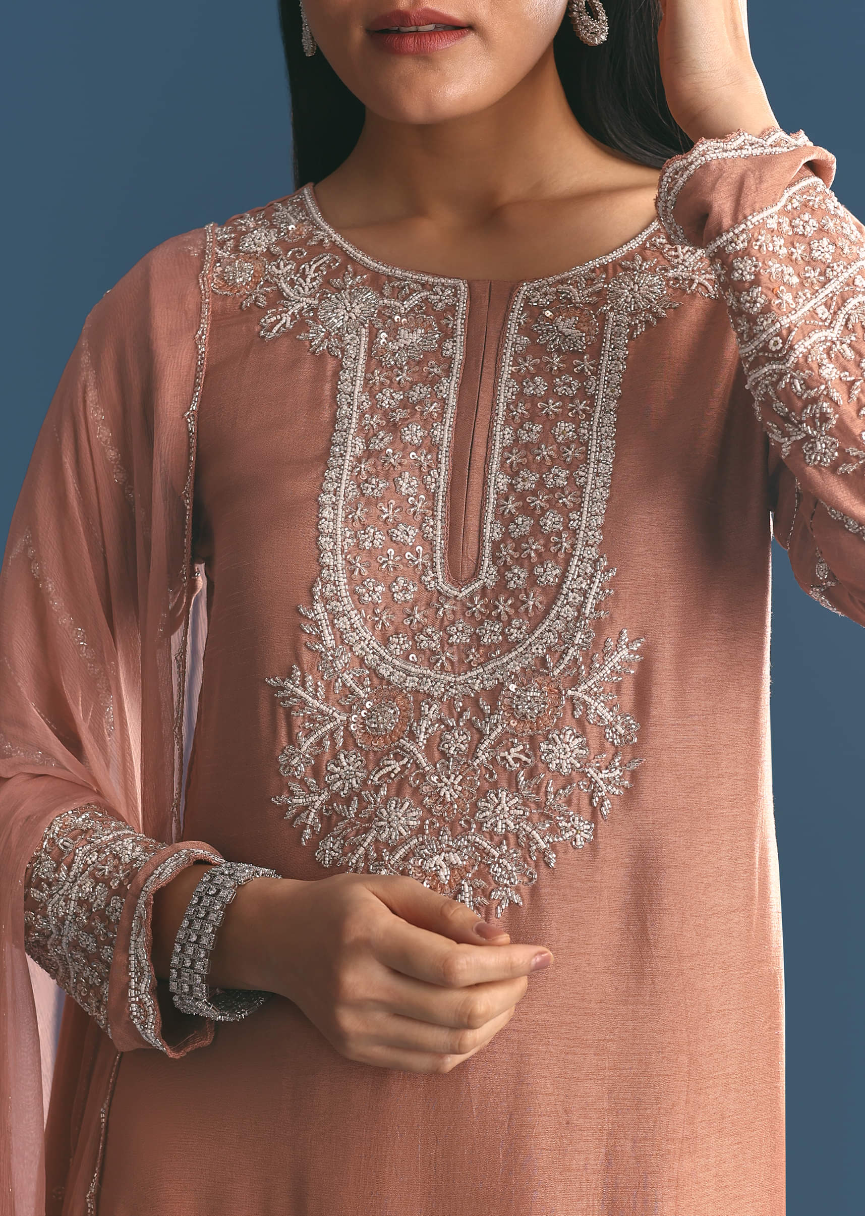 Peach Silk Kurta Sharara Suit With Cutdana Sequins Work - Image 2