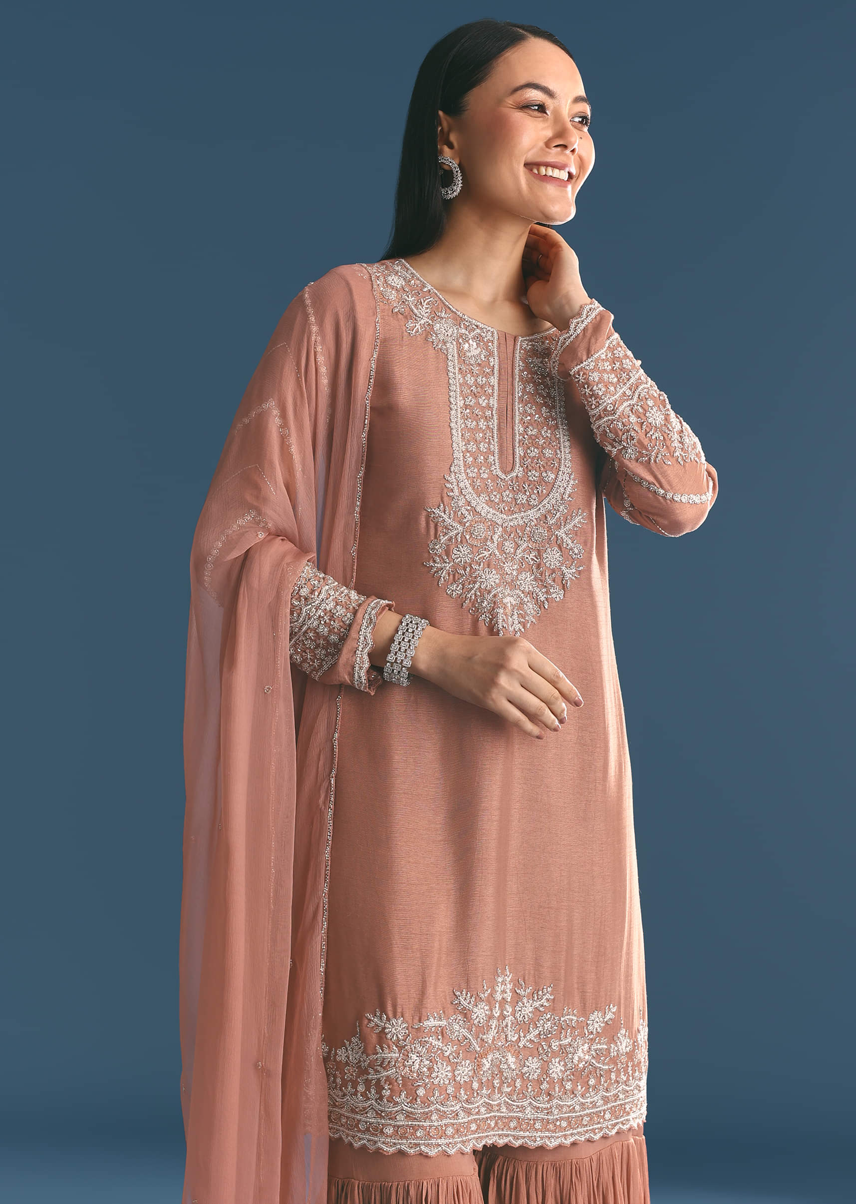 Peach Silk Kurta Sharara Suit With Cutdana Sequins Work - Image 3