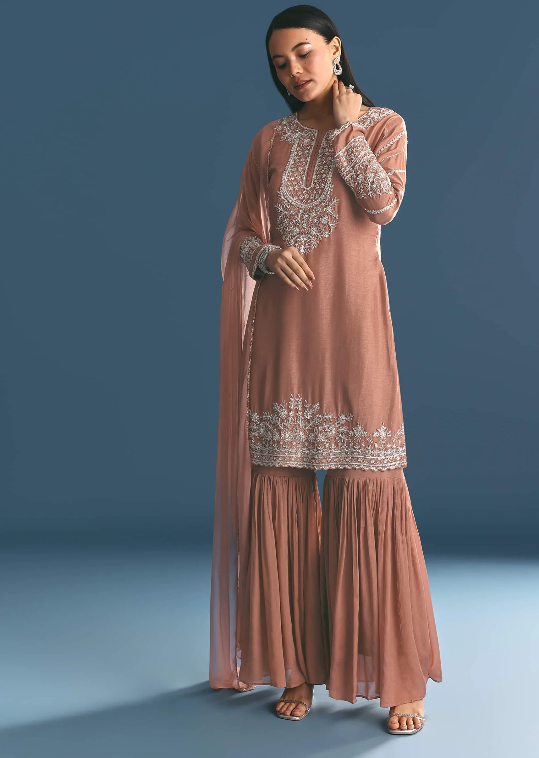 Peach Silk Kurta Sharara Suit With Cutdana Sequins Work - Image 4