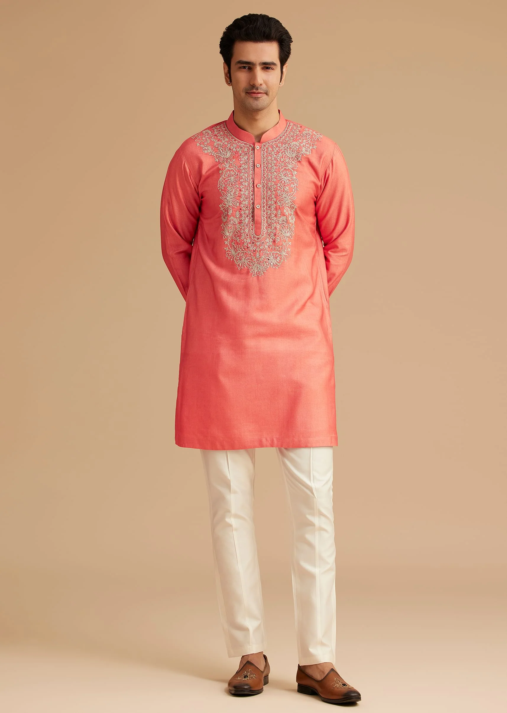 Peach Silk Kurta With Embroidered Jacket - Image 6