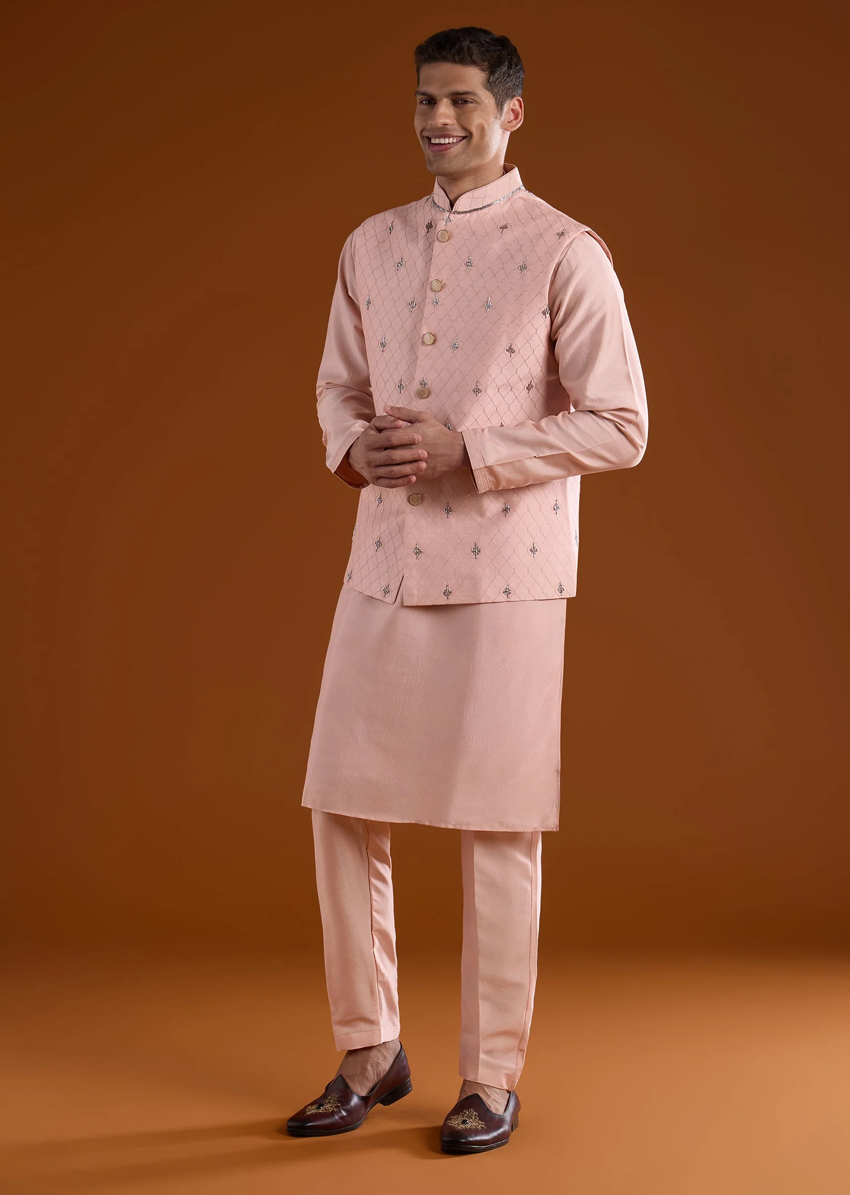 Peach Silk Mens Kurta Jacket Set With Thread Metal And Bead Work