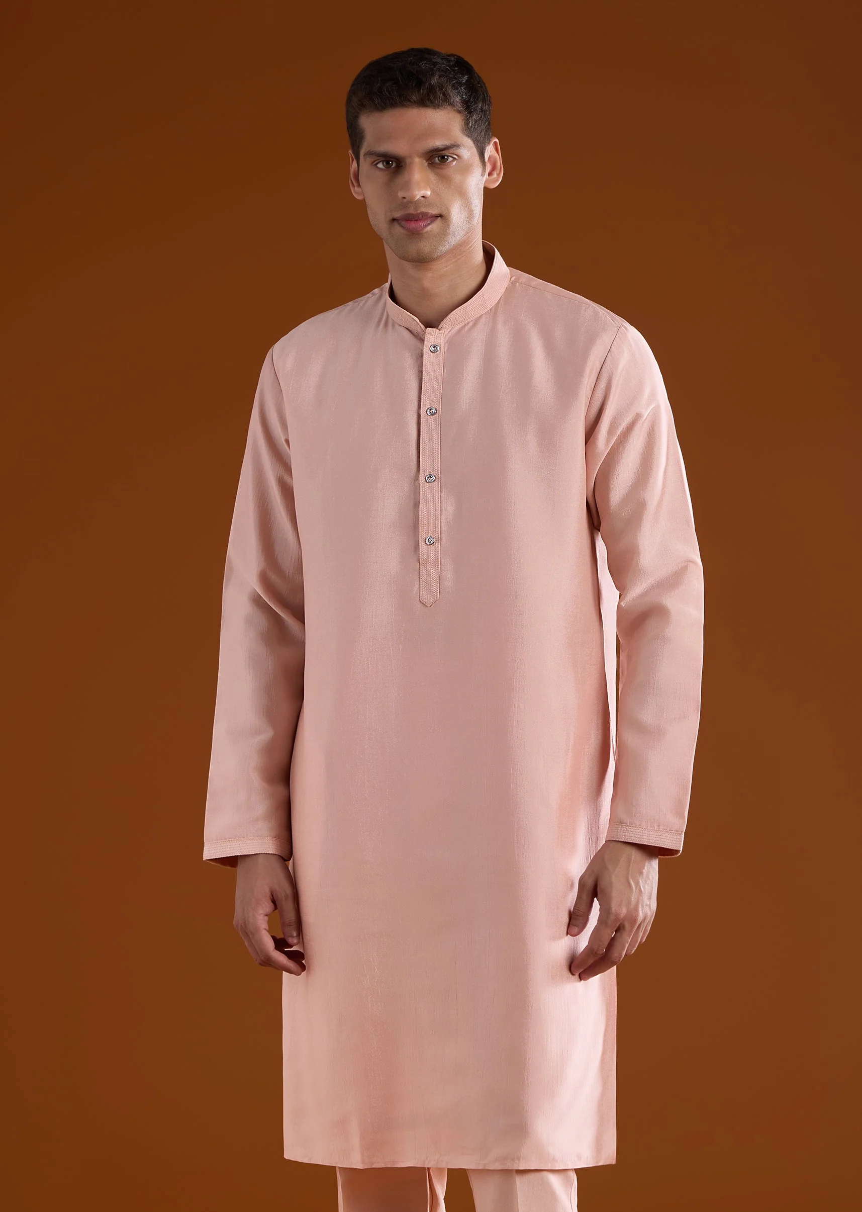 Peach Silk Mens Kurta Jacket Set With Thread Metal And Bead Work - Image 6