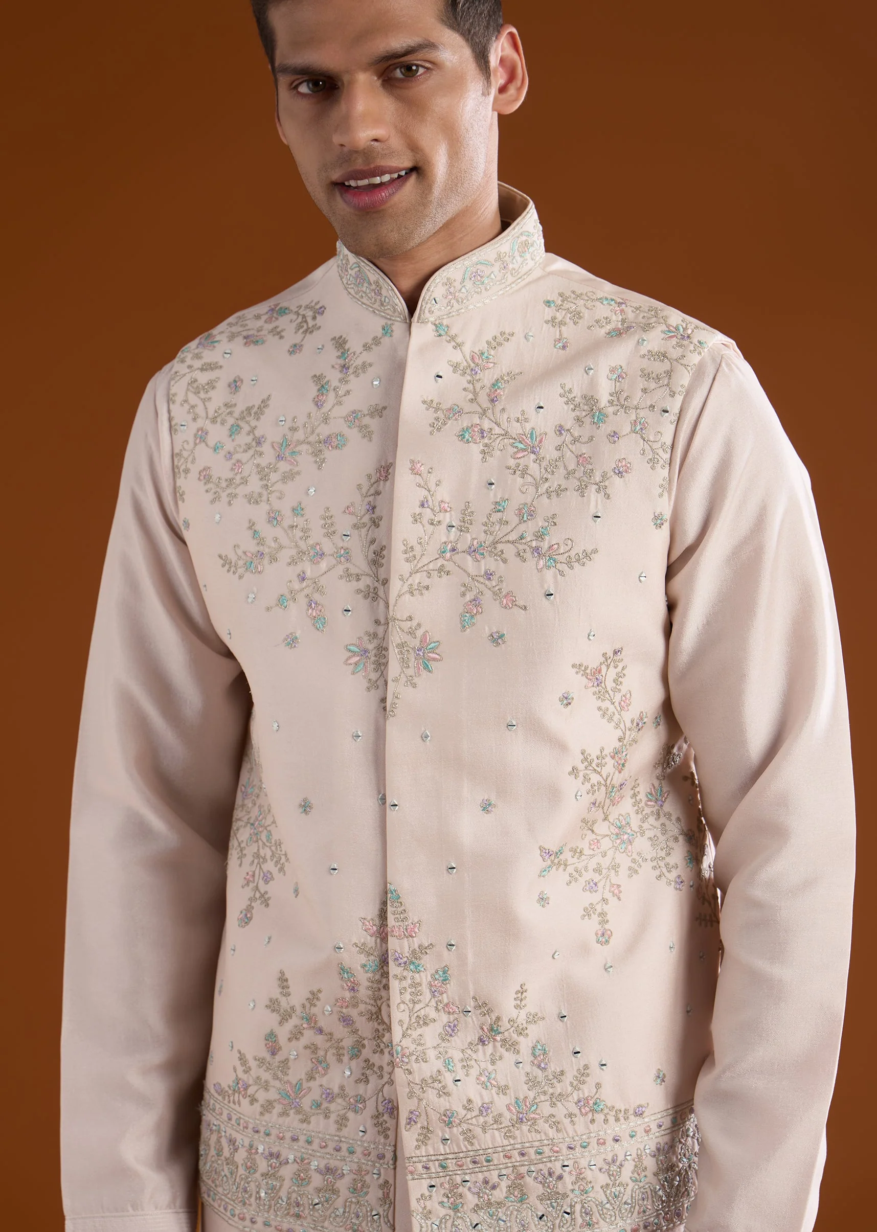 Peach Silk Mens Kurta Jacket Set With Thread Mirror And Motif Work - Image 2