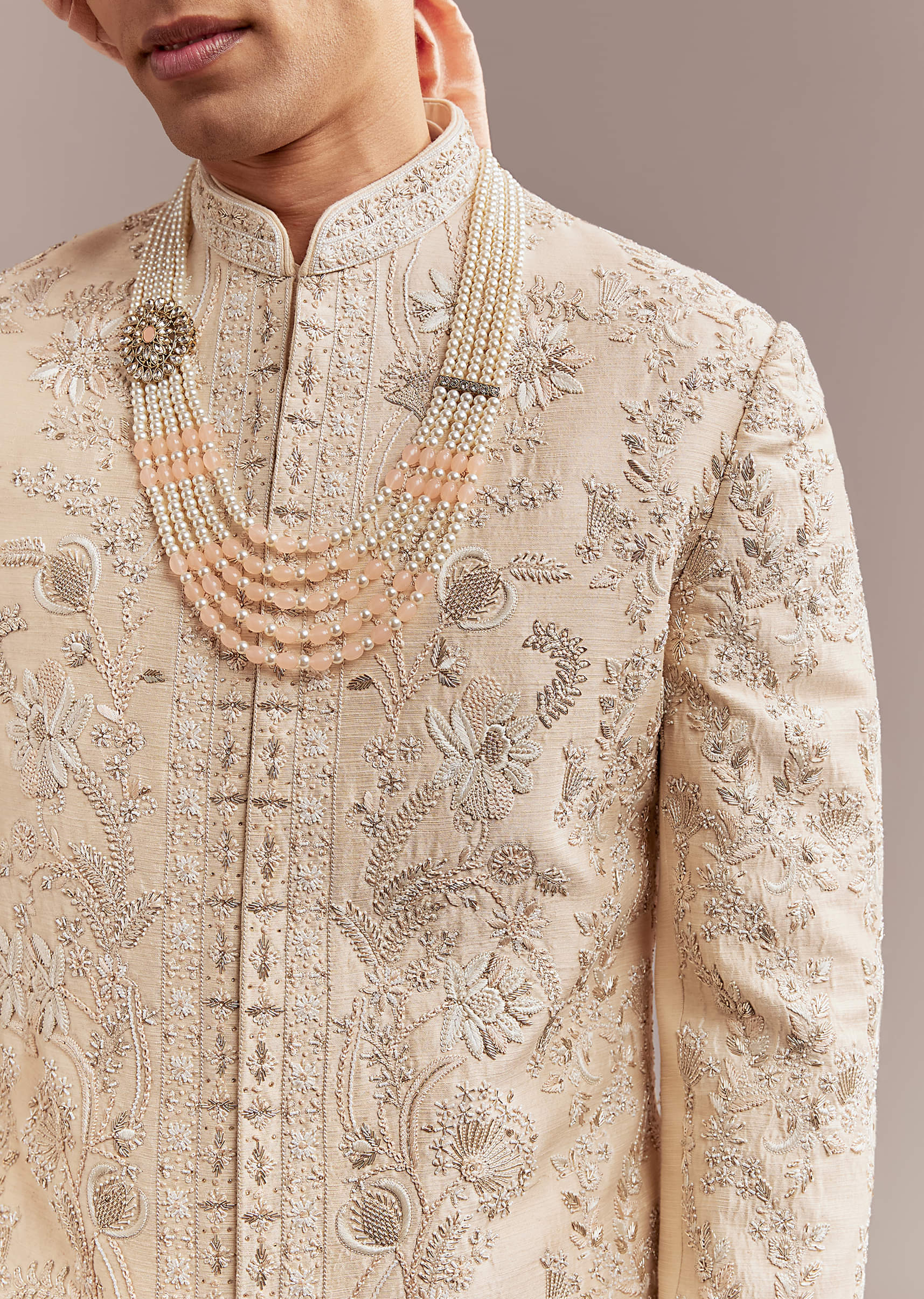 Peach Silk Sherwani For Groom With Floral And Paisley Motifs - Image 2