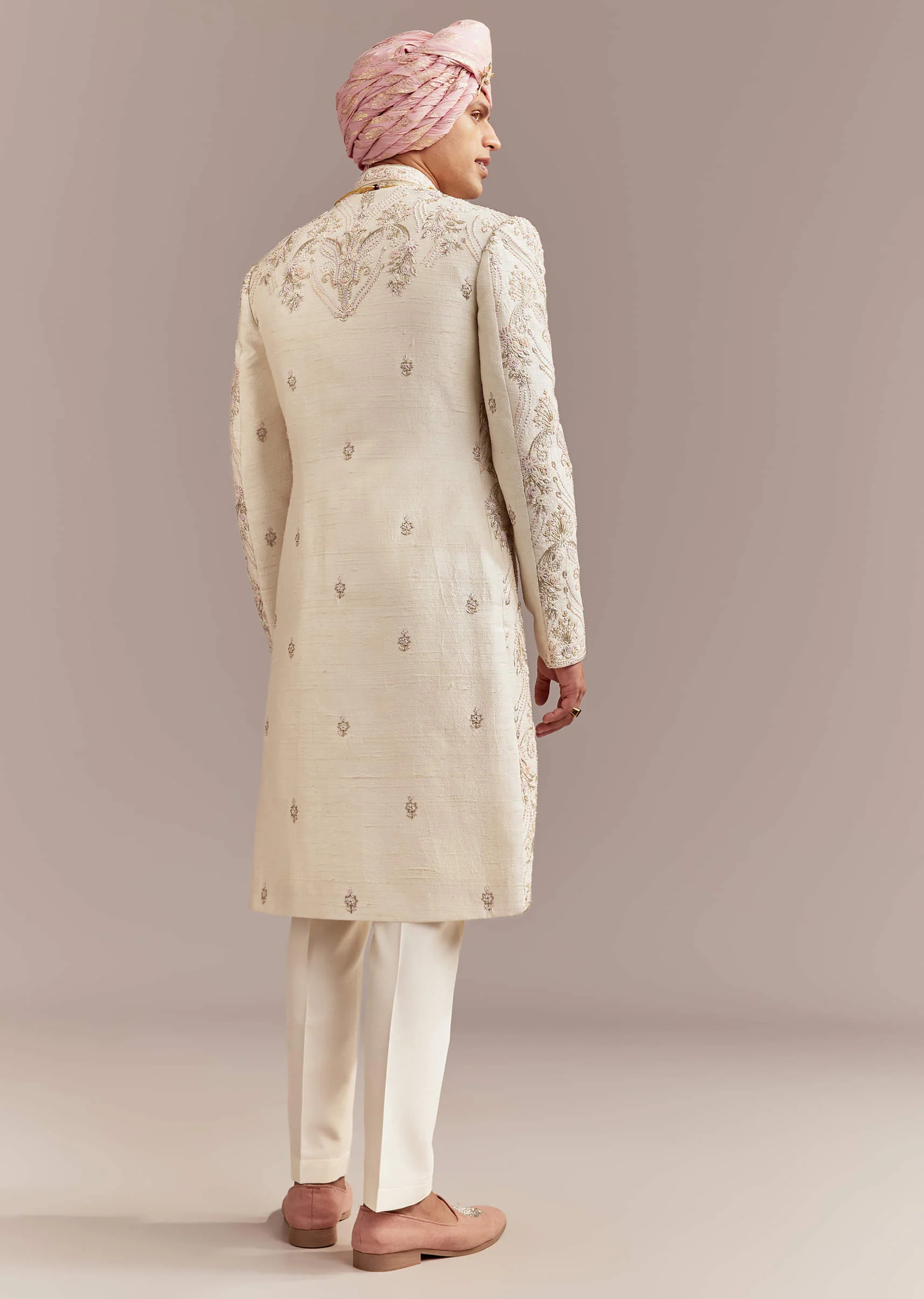 Peach Silk Sherwani For Groom With Pastel Floral Embroidery - Image 5